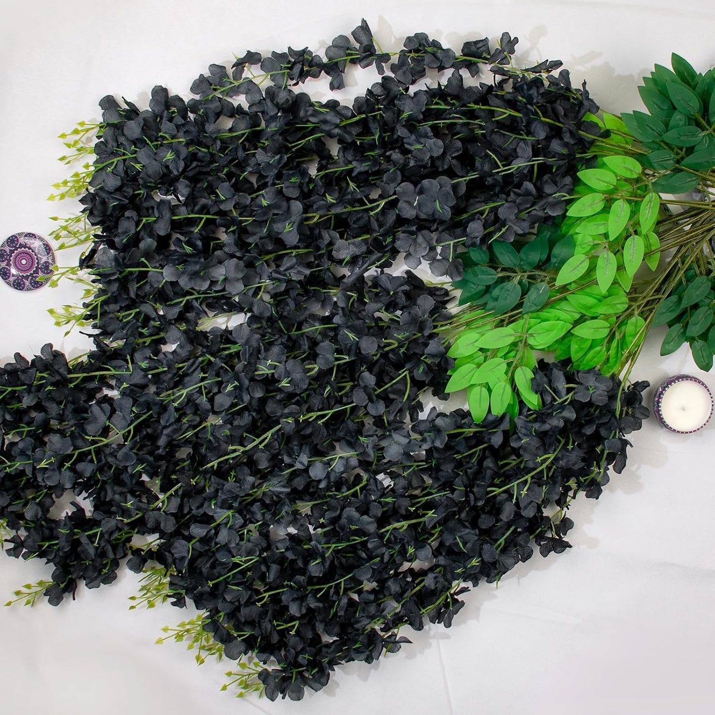 24 Pack Artificial Wisteria Flower Fake Silk Flowers String Vine Ratta Hanging Garland for Home Garden Party Wedding Backdrop Arch Decor (Black)