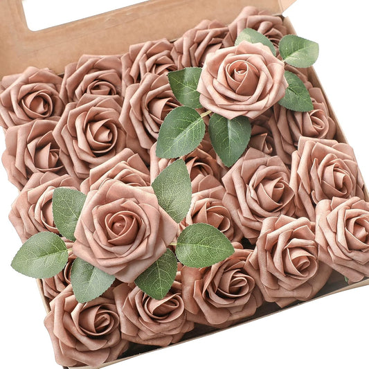 Floroom Artificial Flowers 25pcs Real Looking Warm Taupe Foam Fake Roses with Stems for DIY Wedding Bouquets Bridal Shower Centerpieces Floral Arrangements Party Tables Home Decorations