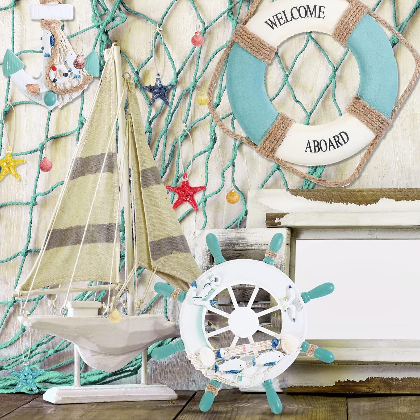 Marsui 11 Pcs Wooden Nautical Wall Decor Fishing Net Decorations, Include Decorative Fishing Net, Ship wheel, Fish Skeleton, Life Ring, Anchor, Starfish Beach Decor for Mediterranean Party (Teal)