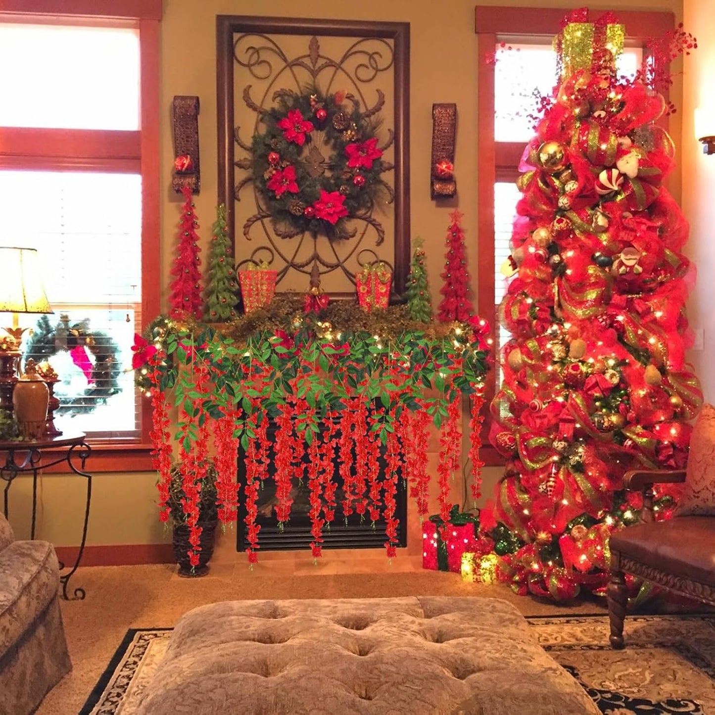 24 Pack Red Wisteria Hanging Flowers, 3.4 Ft Fake Hanging Flowers, Artificial Wisteria Garland Vines for Wedding Room Backdrop Outdoor Patio Garden Decoration