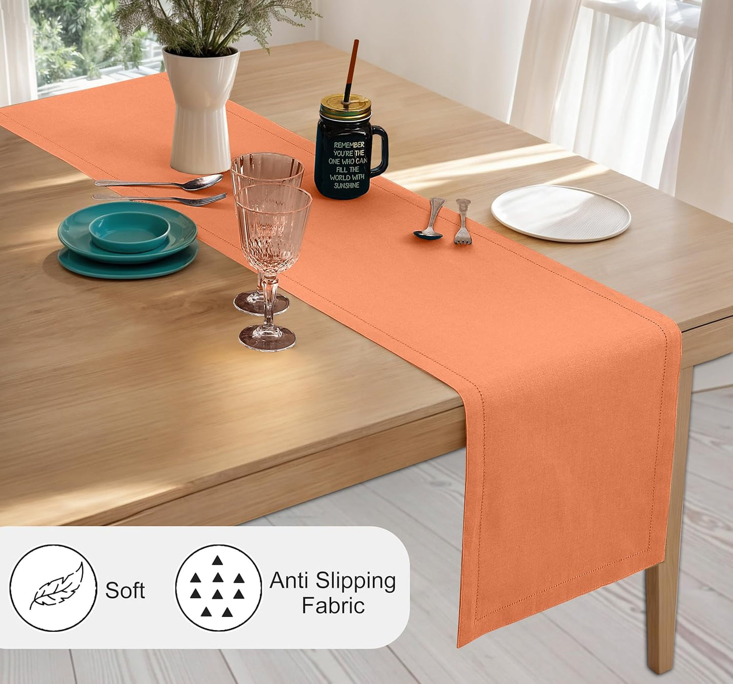 Ruvanti Linen Table Runner 48 Inches, Classic Hemstitch, Washable, Reusable, Non-Slipping, Stain Resistant- Perfect for Parties, Weddings, Dinners, Thanksgiving, Christmas, Indoor use – Orange