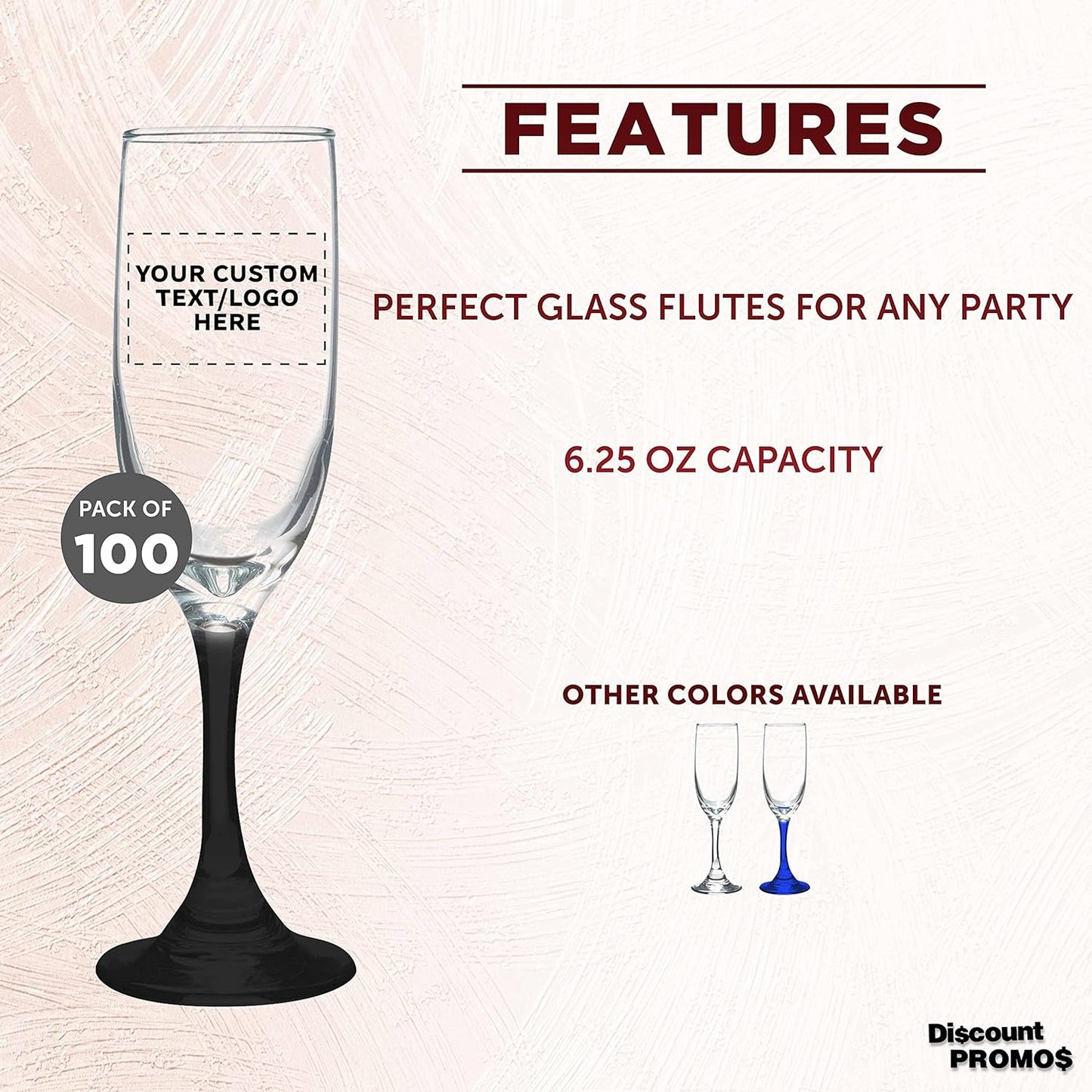 DISCOUNT PROMOS Custom Premiere Champagne Flutes 6.25 oz. Set of 100, Personalized Bulk Pack - Elegant Drinkware for Weddings, Events, & Promotional Gifts - Black