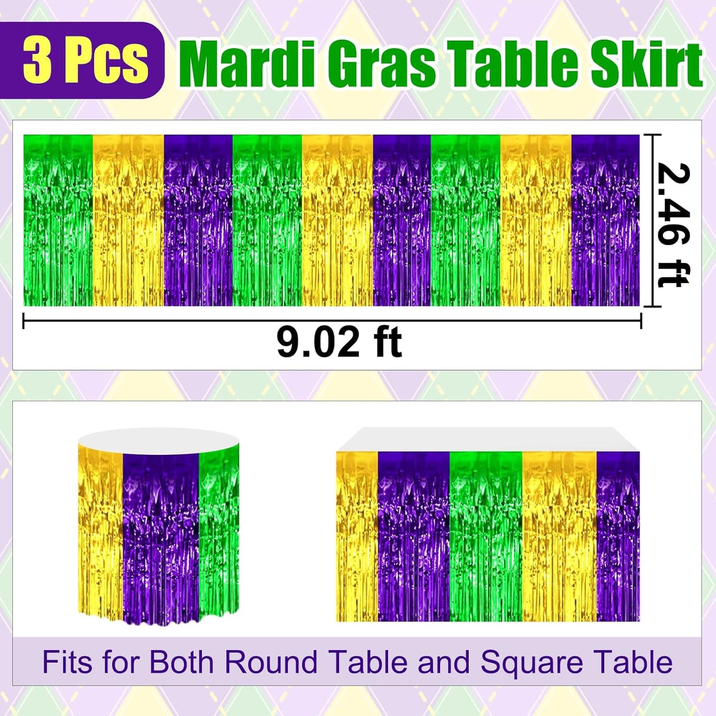 3 Pack 29 x108 Inch Gold Green Purple Foil Fringe Table Skirts Metallic Banner for Tinsel Streamer Garland Backdrop for Parade Floats Wedding Thanksgiving Birthday Christmas New Year Party Decoration