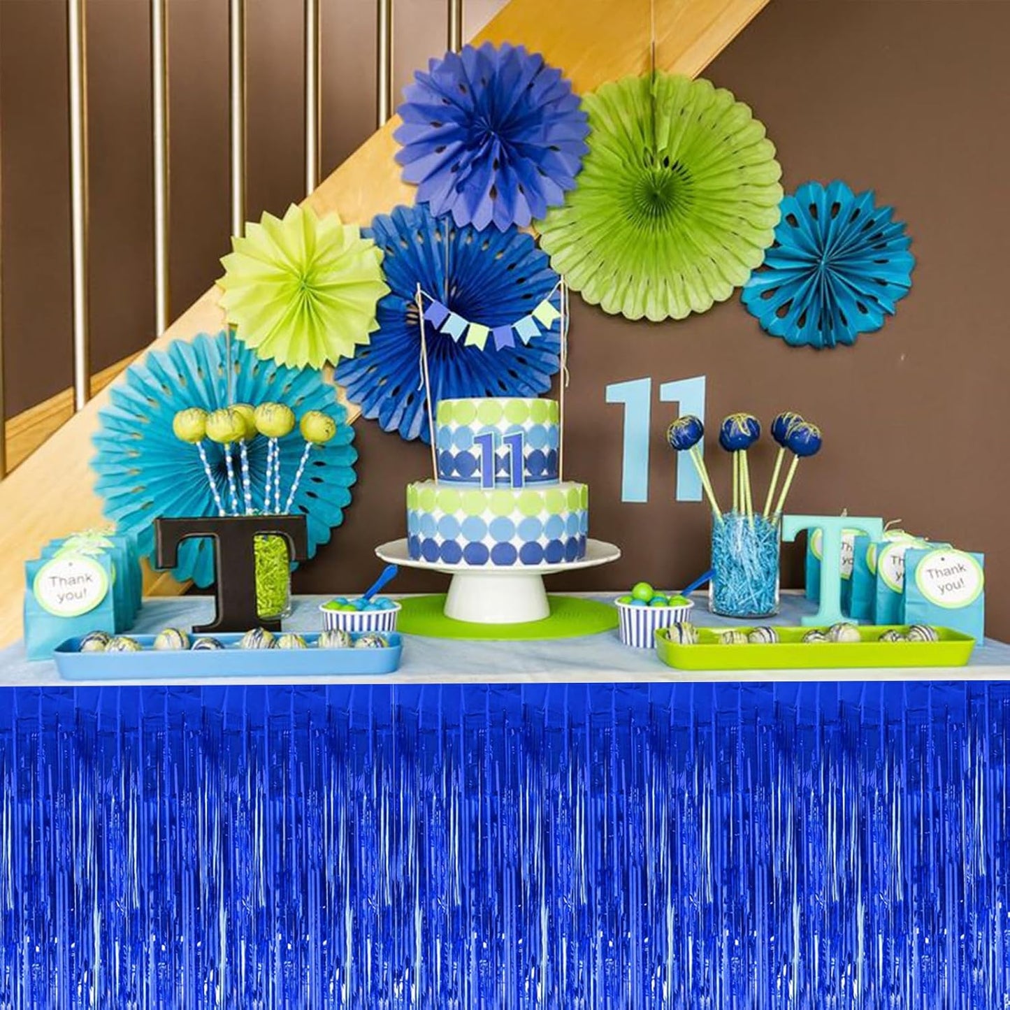 BEISHIDA 2 Pack Dark Blue Table Skirts with Metallic Tinsel Foil Fringe for Rectangle and Round Tables - Birthday & Holiday Party Decorations