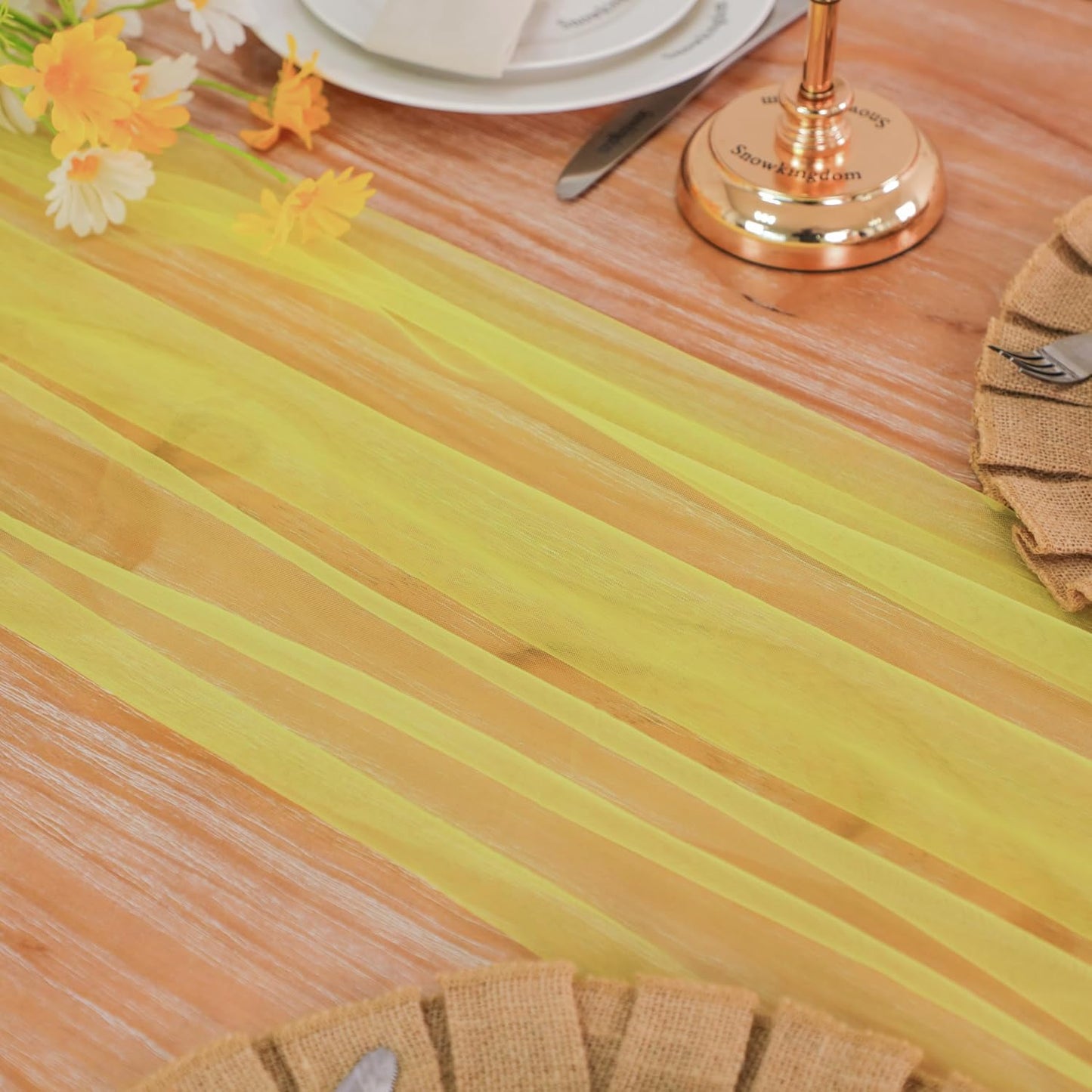 Snowkingdom Fall Yellow Table Runner, 10FT Light Yellow Tulle Gauze Sheer Cheesecloth Thanksgiving Dining Table Decorations, Boho Rustic Tulle Runners for Wedding Baby Shower Party Decor 120 Inch