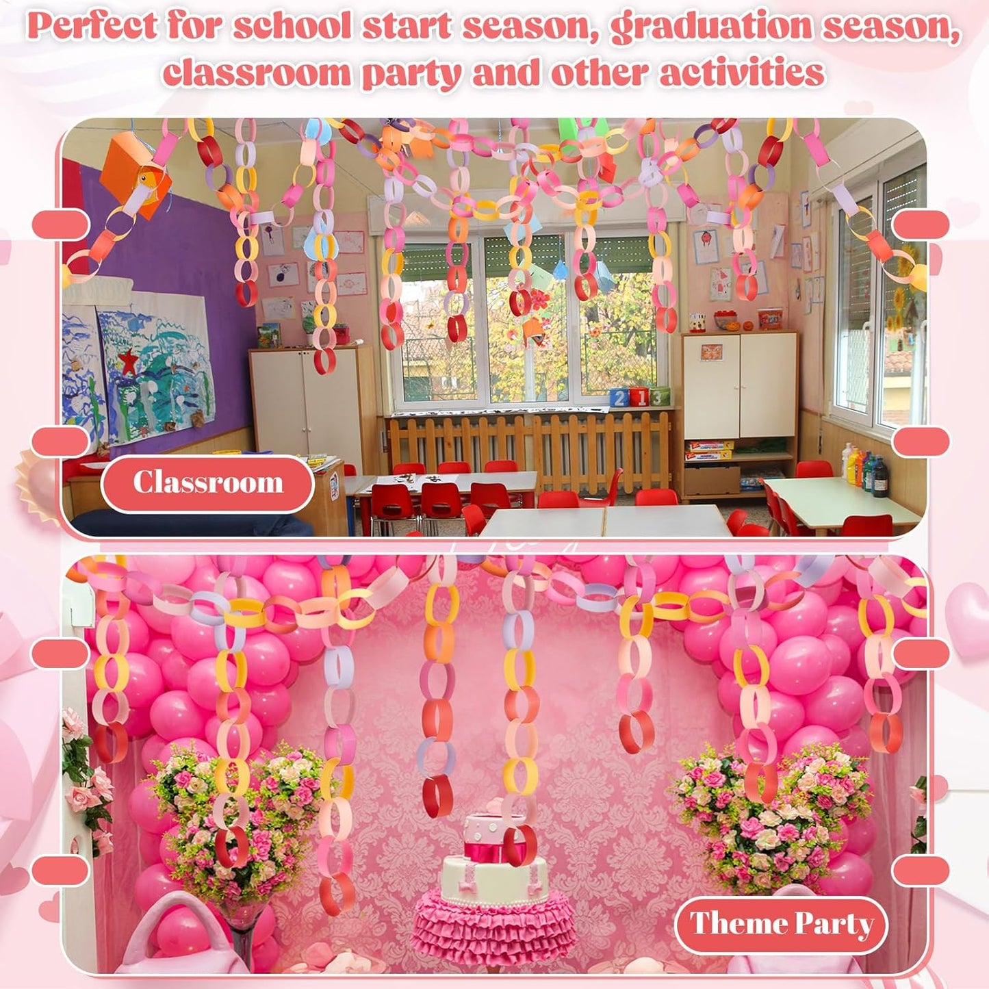 Lincia 600 Sheet Halloween Paper Chain Garland, Construction DIY Crafts Chain Strip for Fall Thanksgiving Party Decor, 1x8 Inch with Double Sided Tape (Valentine)