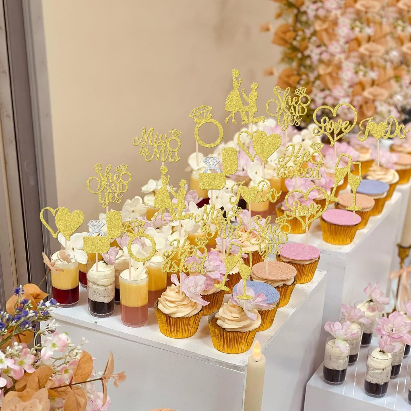 30 PCS He Asked She Said Yes Cupcake Toppers Glitter Engagement Cupcake Toppers Miss to Mrs I Do Love Heart Ring Miss to Mrs Cupcake Picks for Wedding Engagement Party Cake Decorations Supplies Gold