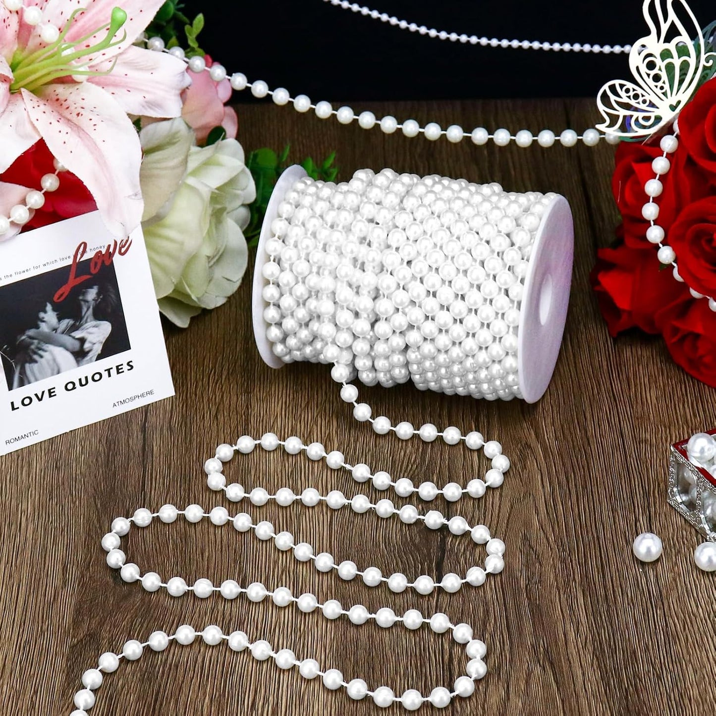59 Feet 8mm Pearl Strings Garland for Crafts, Artificial Pearl Beaded Trim Chain Roll Strands for Wedding Centerpieces Bouquet Party Decoration Christmas Tree Garland, White