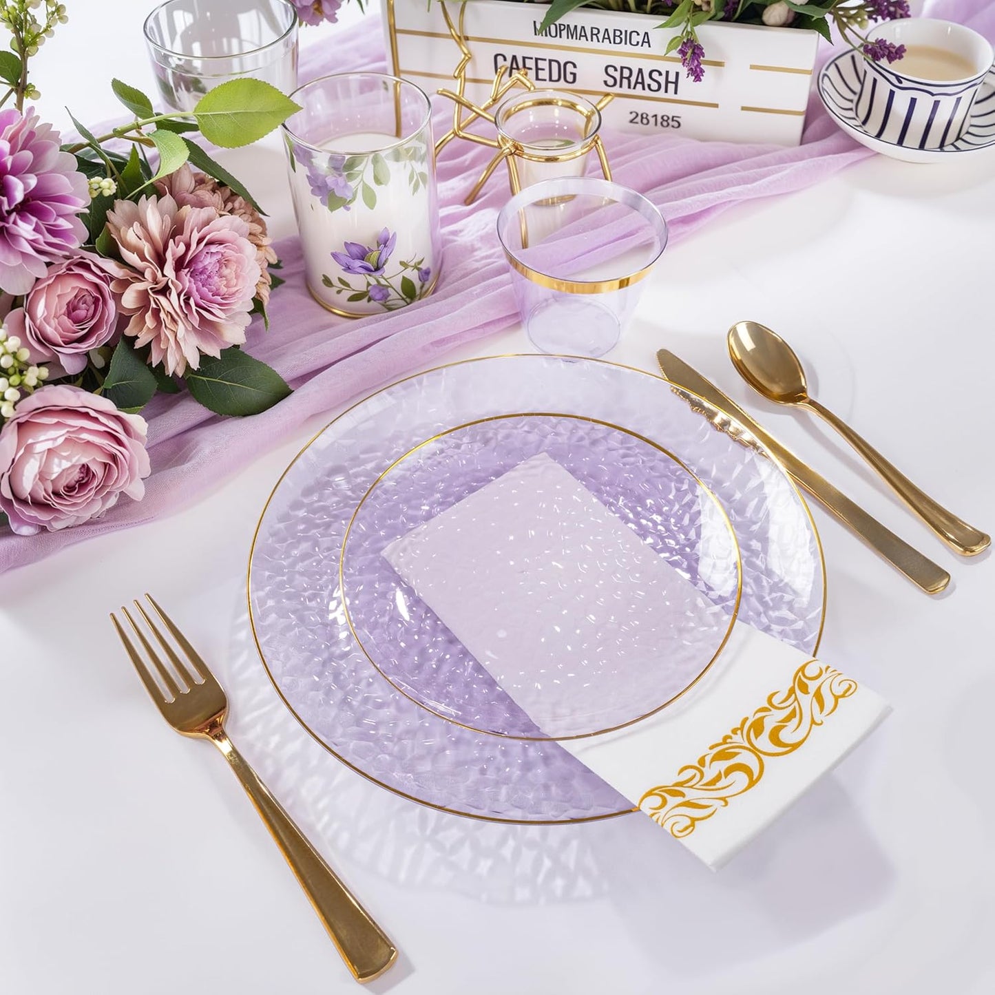Rubtlamp 175 Pcs Purple Plastic Dinnerware Set (25 Guests), Clear Purple Plates With Gold Rim, Hammered Party Platos, Plates And Cups And Napkins Sets for Wedding, Party