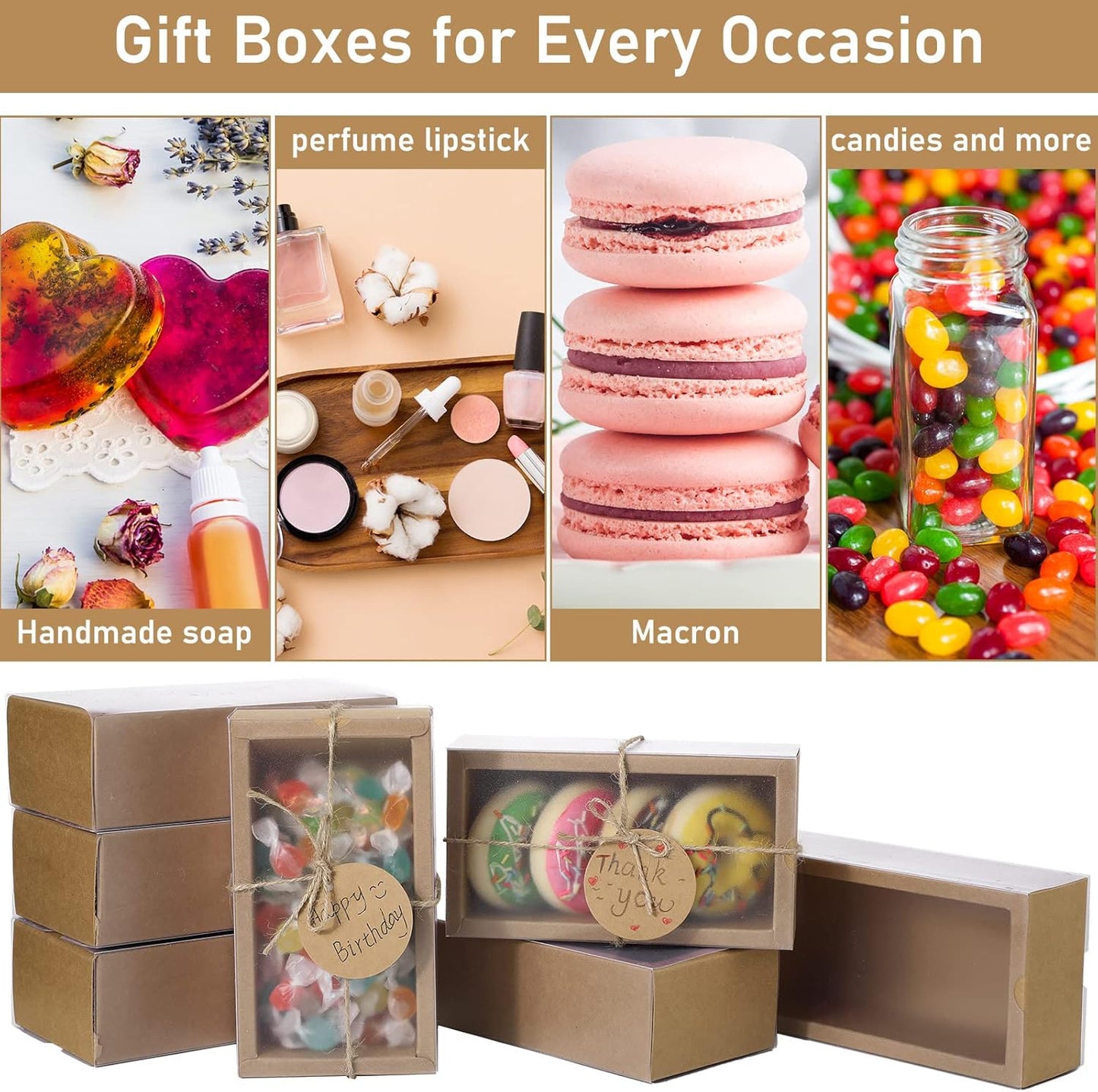 Roowest 50 Sets Kraft Soap Boxes Rectangle Packaging Box with Window Homemade Gift Box with Blank Tags and Jute String for Jewelry Candy Wrapping Party Favor(6.3 x 3.5 x 2 Inch,Kraft Color)