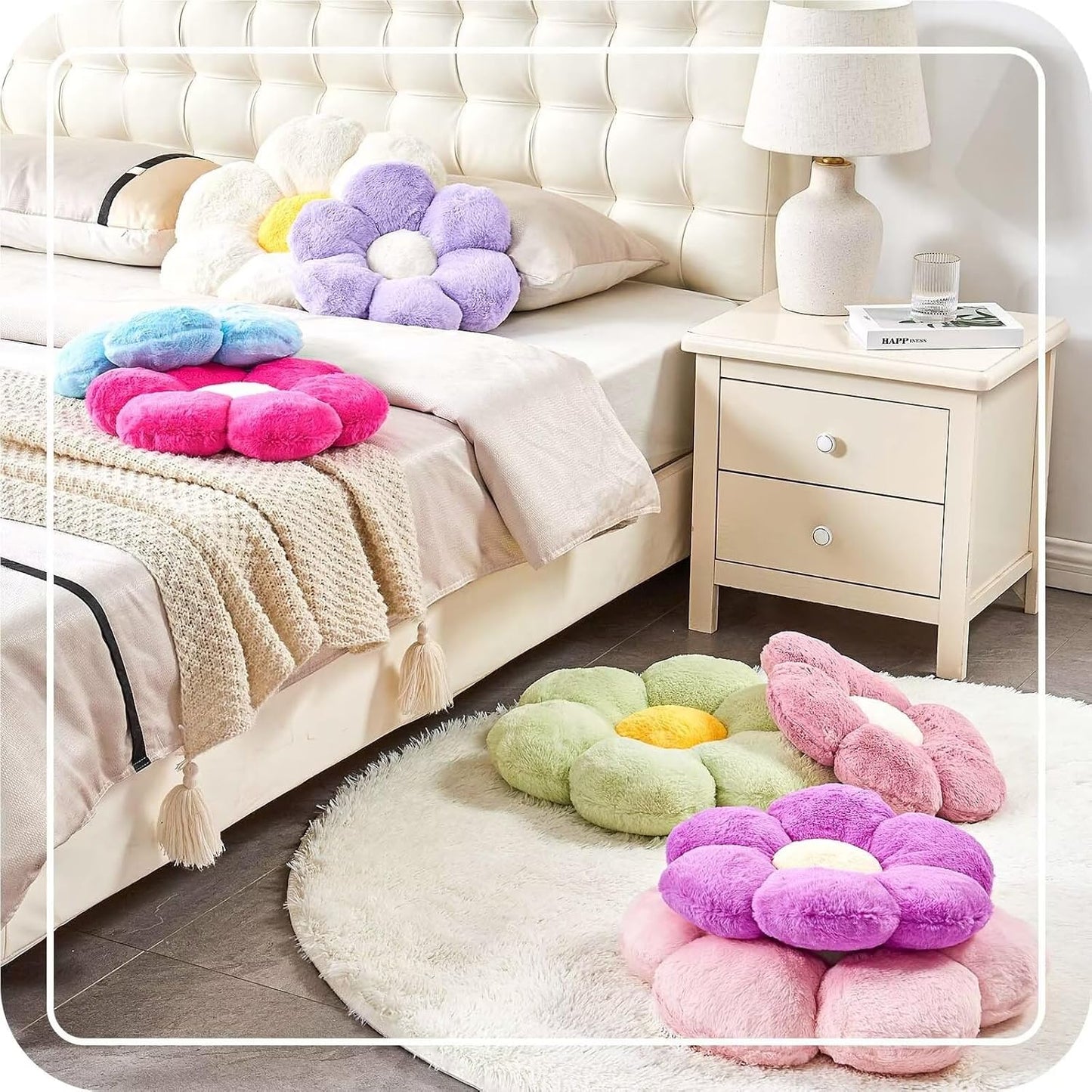 Lavender Flower Pillow, Cute Decorative Flower Shaped Throw Pillow with Faux Rabbit Fur, 19.6" Soft Flower Plush Throw Pillow Floor Pillows Room Décor for Bedroom Living Room