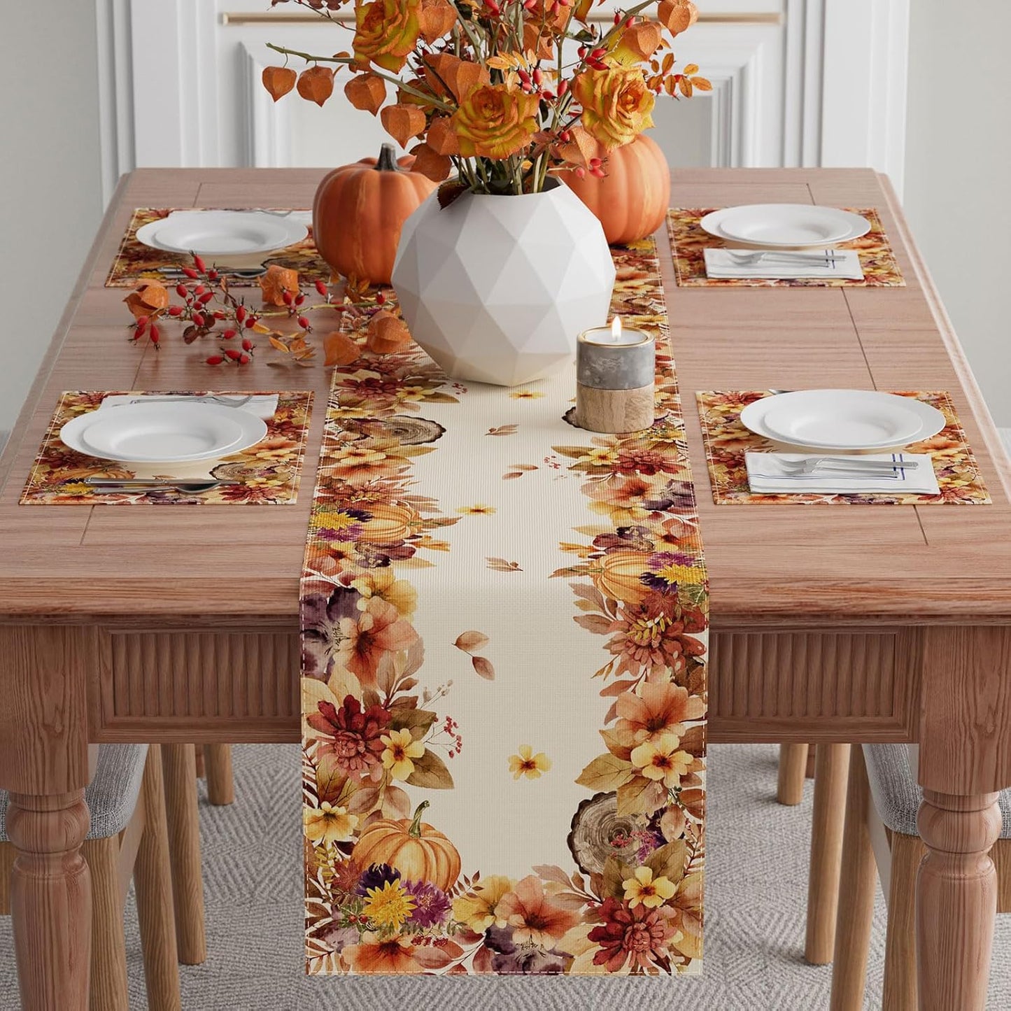 XCHI Fall Color Wild Flowers Watercolor Table Runner Table Decoration for Kitchen Dining Dinner Autumn Home Decor 13x120 Inch