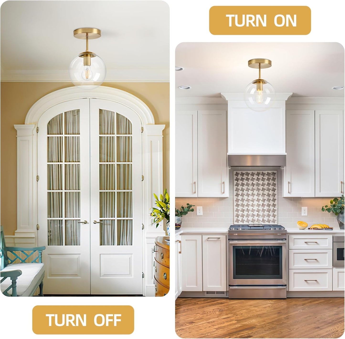 Globe Semi Flush Mount Ceiling Light, Clear Glass with Brass Finish, Contemporary Mid Century Modern Style Lighting Fixture Gold(12W 2700K LED Corn Bulb Included)