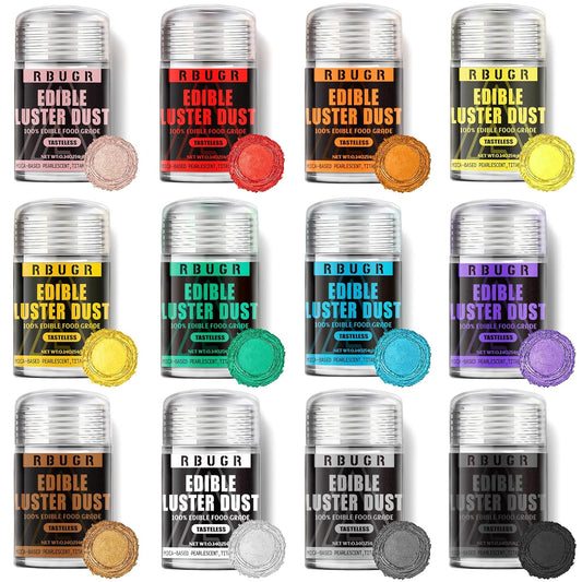 RBUGR Luster Dust Edible, 12 Colors Edible Glitter Pack, Cocktail Food Glitter Edible Dust, Vegan Edible Shimmer, Drink Powder for Cakes Cookies Chocolates Baking（4g/0.14oz）