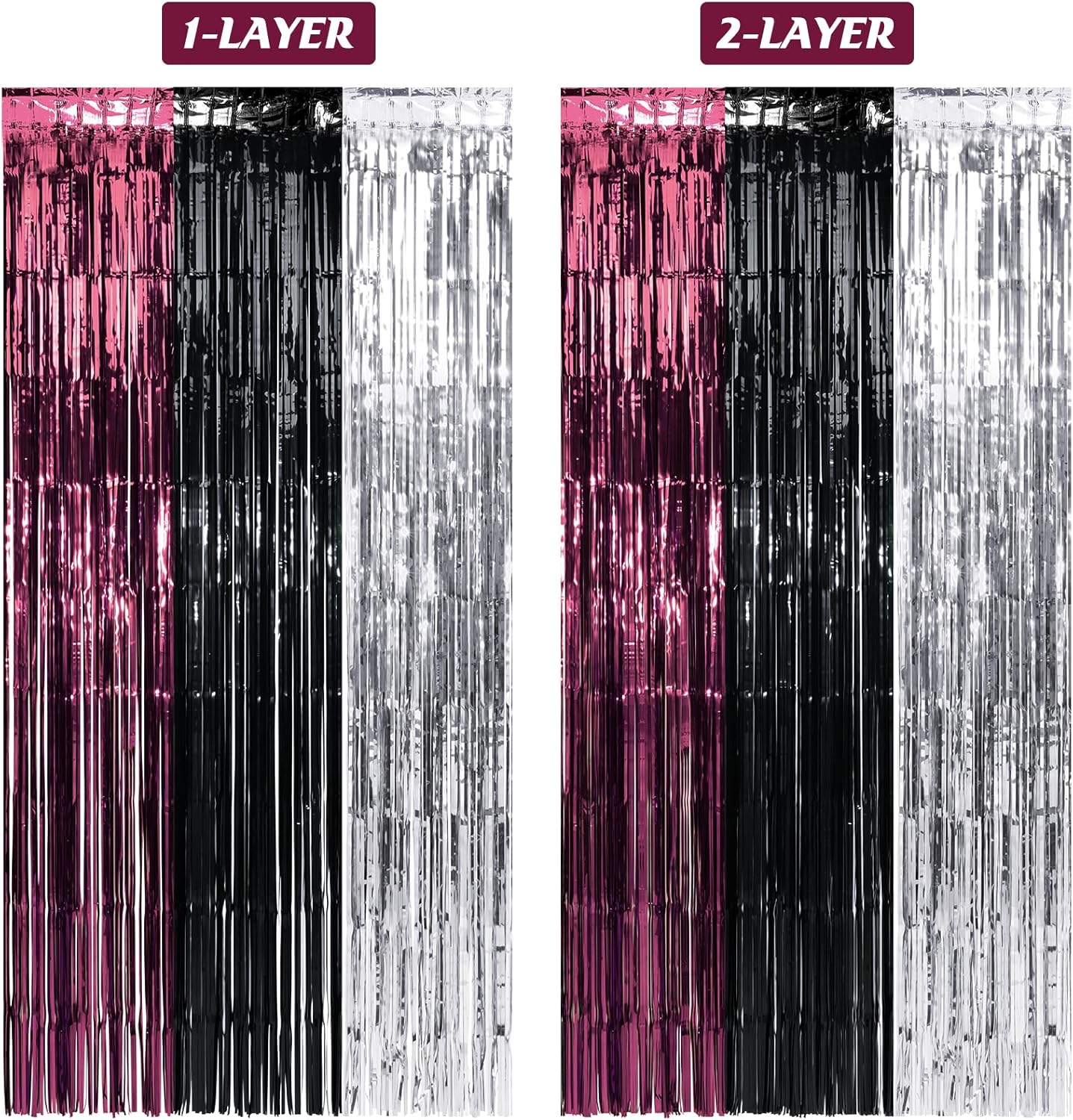 3 Pack 3.3Ft x 6.6Ft Graduation Foil Fringe Curtain Backdrop Decorations, Maroon Black Silver Metallic Tinsel Foil Streamers Curtain Photo Booth Background for Graduation Prom Wedding Birthday Party