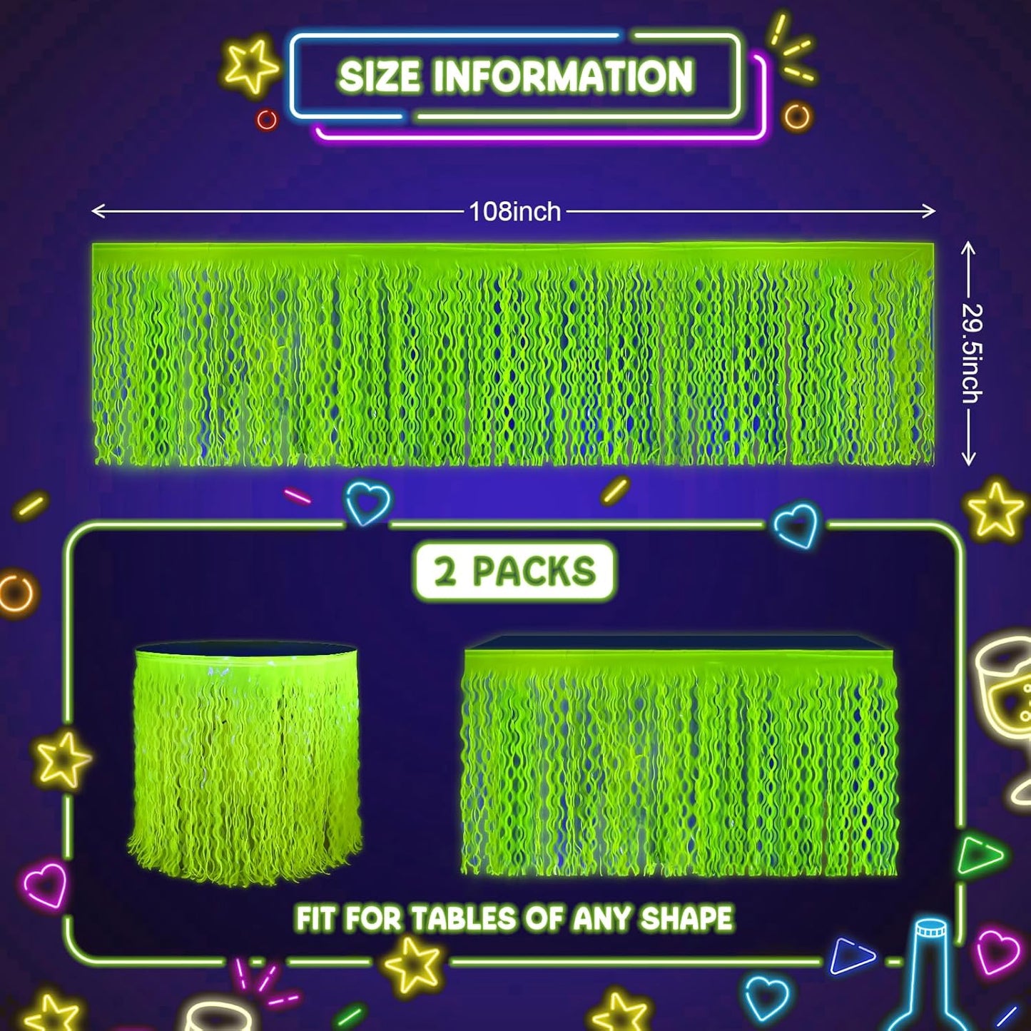 Mega-L Glow in The Dark Party Supplies, 2 Pack Neon Party Decorations Fluorescent Macaron Yellow Wavy Metallic Tinsel Foil Fringe Table Skirts, Perfect Table Decors for Glow Birthday Decor