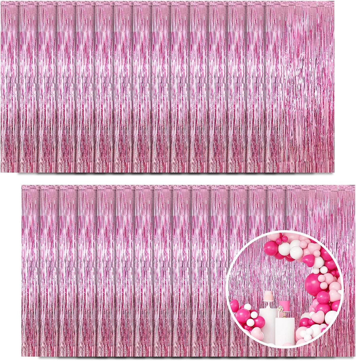 30 Pack Pink Foil Fringe Curtain Backdrop, 3.3x8.2 Feet Metallic Tinsel Streamer Curtains Photo Booth Props for Wedding/Birthday/Baby Shower/Valentine's Day/Princess Themed Party Decorations