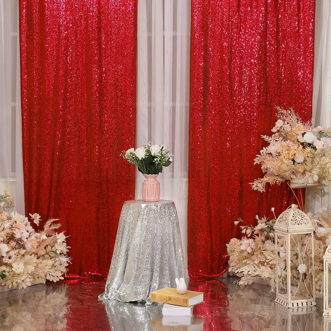 Red Sequin Backdrop Curtains,2ft x 8ft Sequin Photography Backdrop Curtain 2 Panels for Party Decoration, Red