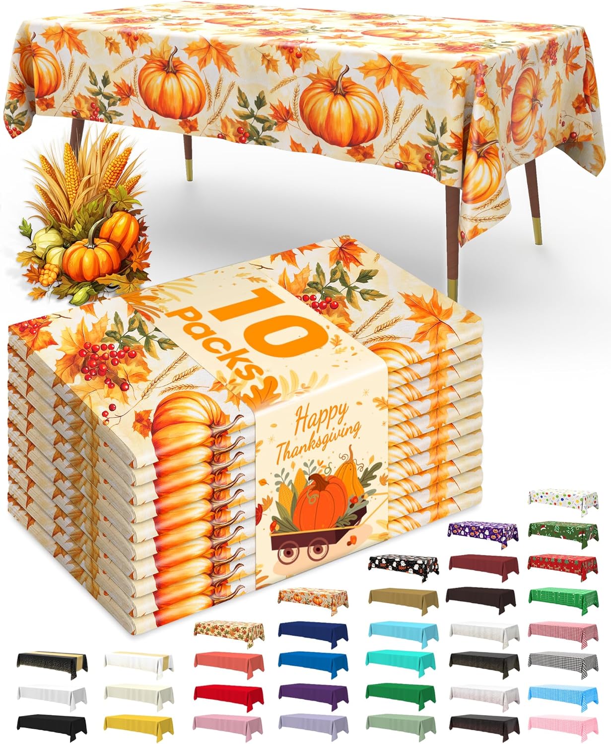 Pureegg Plastic Table Cloth Disposable 10 Pack, 54 x 108 Inch Table Cloths, Thanksgiving Decorations, Harvest Party, Fall Tablecloths, Rectangle Tables, Leakproof & Sturdy, Pumpkin Harvest