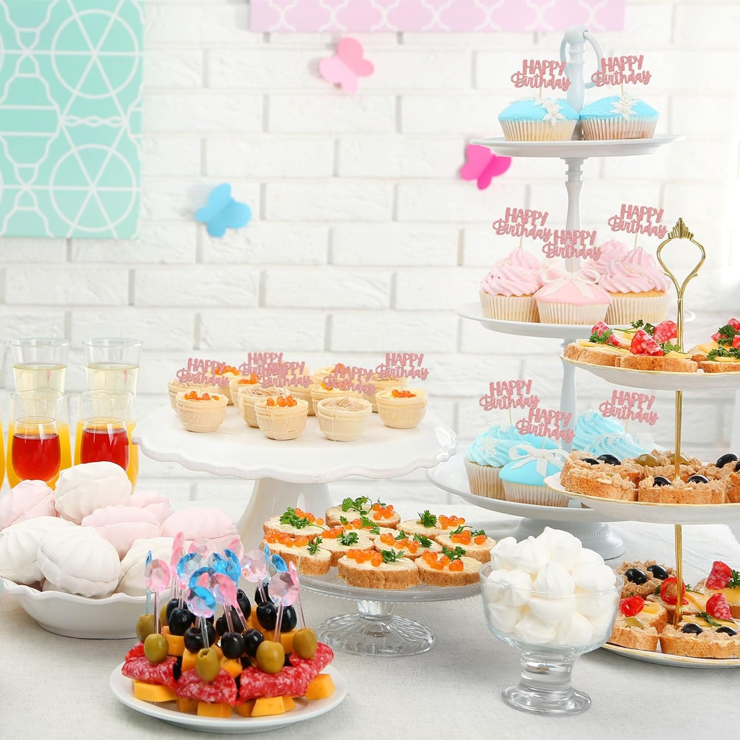 Gyufise 24Pcs Happy Birthday Cupcake Toppers Rose Gold Glitter Birthday Cake Picks for Celebrating Birthday Party Baby Shower Party Decorations Supplies