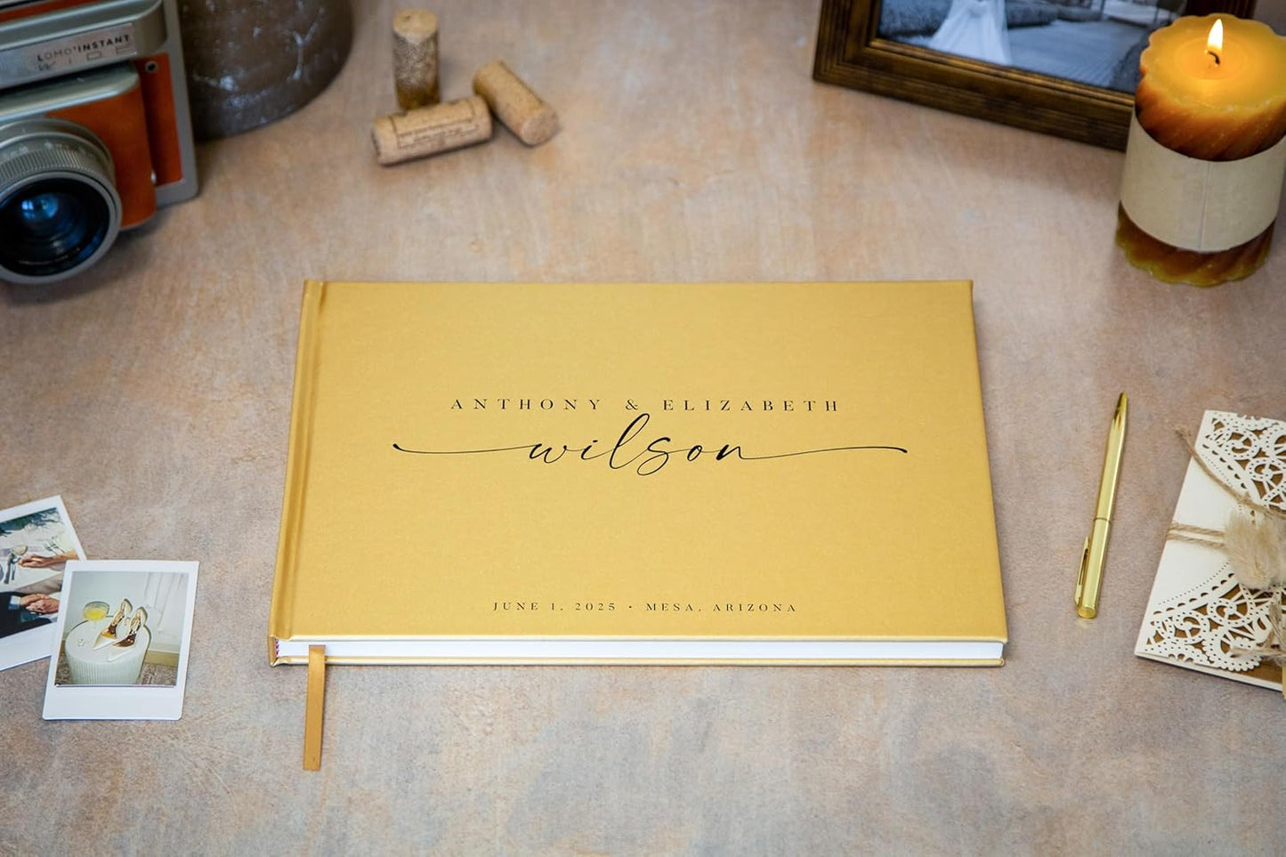 Personalized Guest Book - 11.5" x 8.5" Custom Bride & Groom Names with Bookmark and Hard Cover 140 GSM Blank Pages, for Weddings Guest Book, Engagements, Birthdays, Special Events, Gold