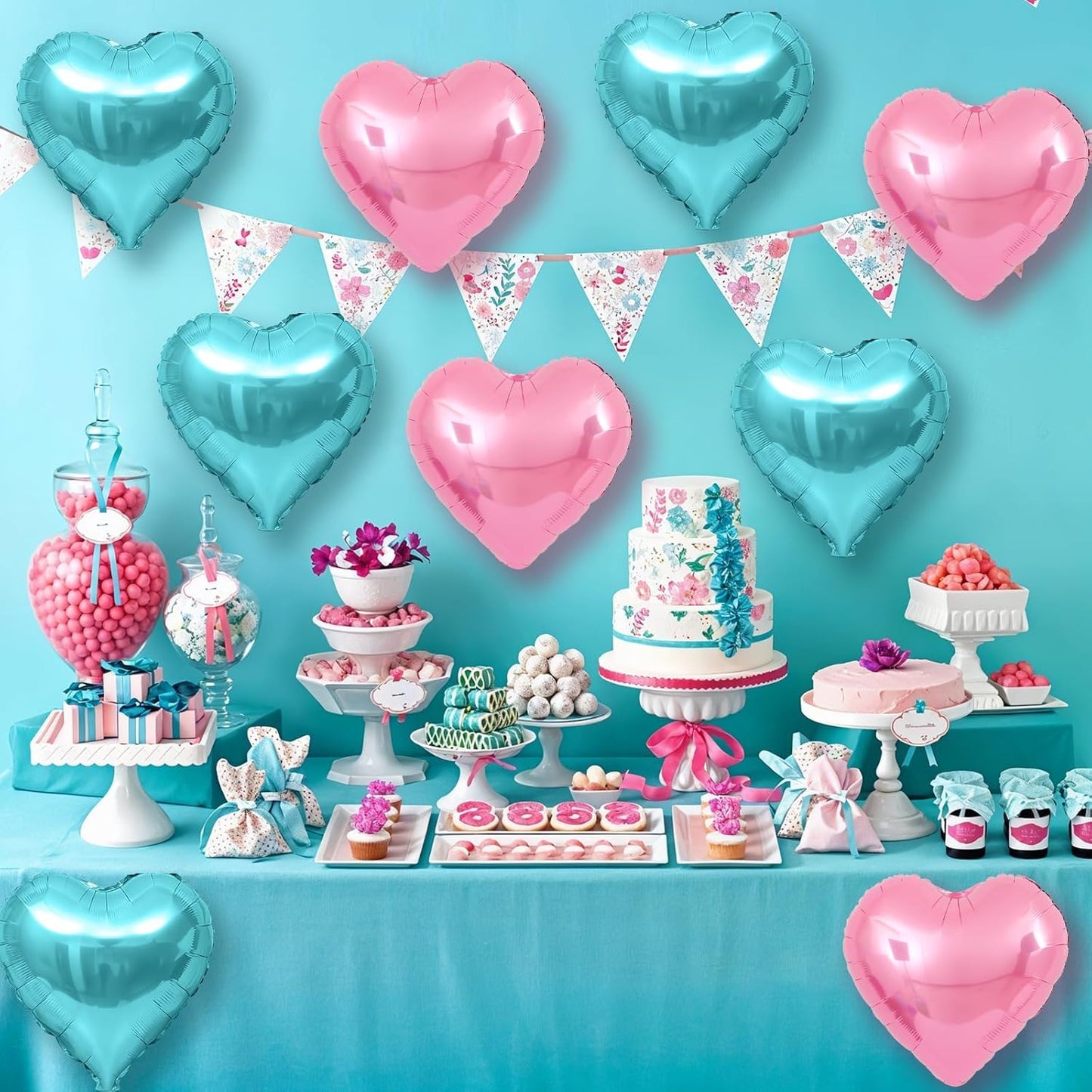 Pink Blue Heart Balloons,12Pcs Teal Blue Heart Shaped Foil Balloons,18Inch Light Pink Helium Polyester Film Balloon for Mermaid Birthday Baby Shower Anniversary Wedding Party Decorations