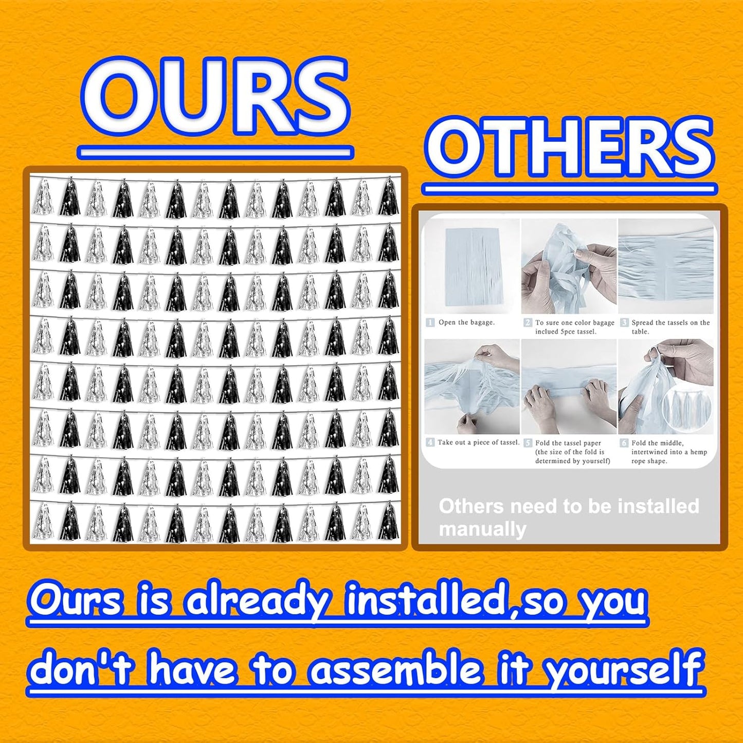 8P Black Silver Foil Fringe Metallic Tassel Streamers Banner Tassel Garland for Parade Floats, Graduation, Wedding, Birthday, Halloween, Christmas, Bridal/Baby Shower Party Decorations