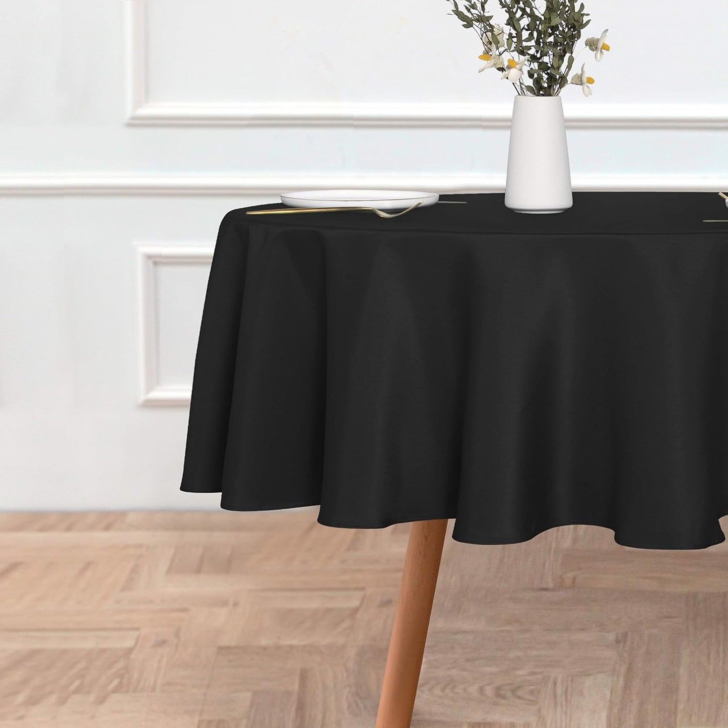 sancua Round Tablecloth - 70 Inch - Water Resistant Spill Proof Washable Polyester Table Cloth Decorative Fabric Table Cover for Dining Tables, Buffet Parties and Camping, Black