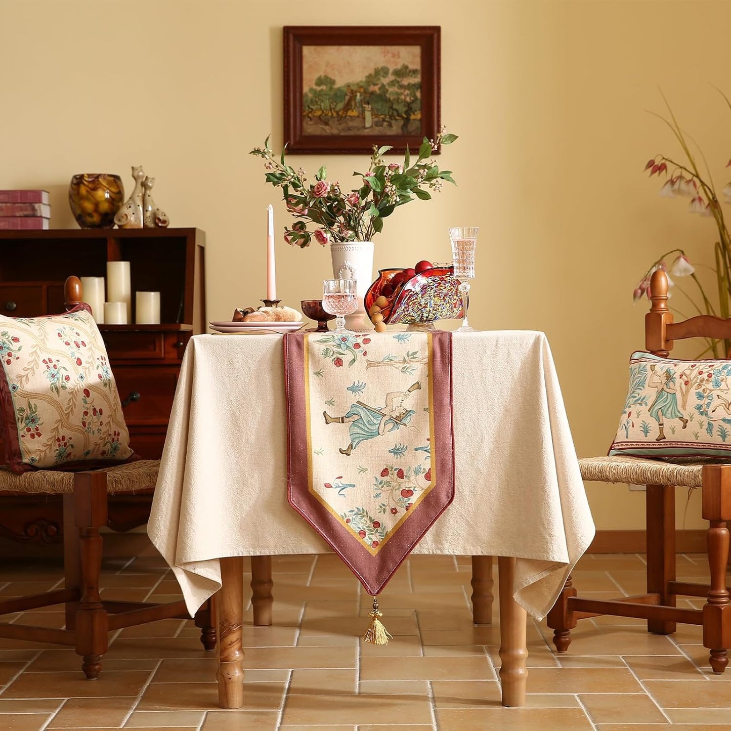 patdrea Designer Idyll Linen Extra Long Table Runner,Vintage Beige Farmhouse with Ancient Figure and Fruit Trees Pattern Table Mat, Decoration for Kitchen Dining Banquet Christmas ,12"*102"