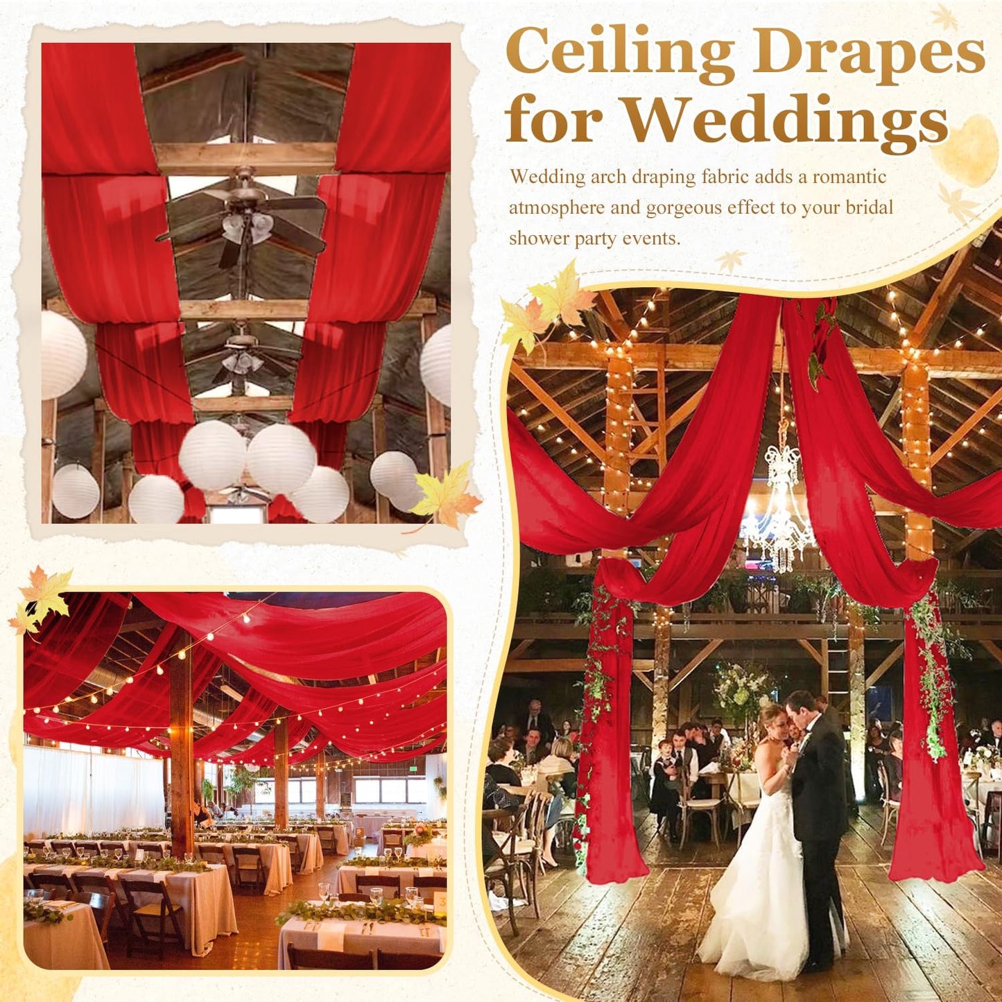 MODFUNS Red Ceiling Drapes for Parties Wedding Ceiling Drapery 2 Panels 5x20FT Chiffon Curtain for Backdrop Wedding Arch Draping Fabric for Ceremony Arbor Ceiling Curtains for Hall Stage Decorations