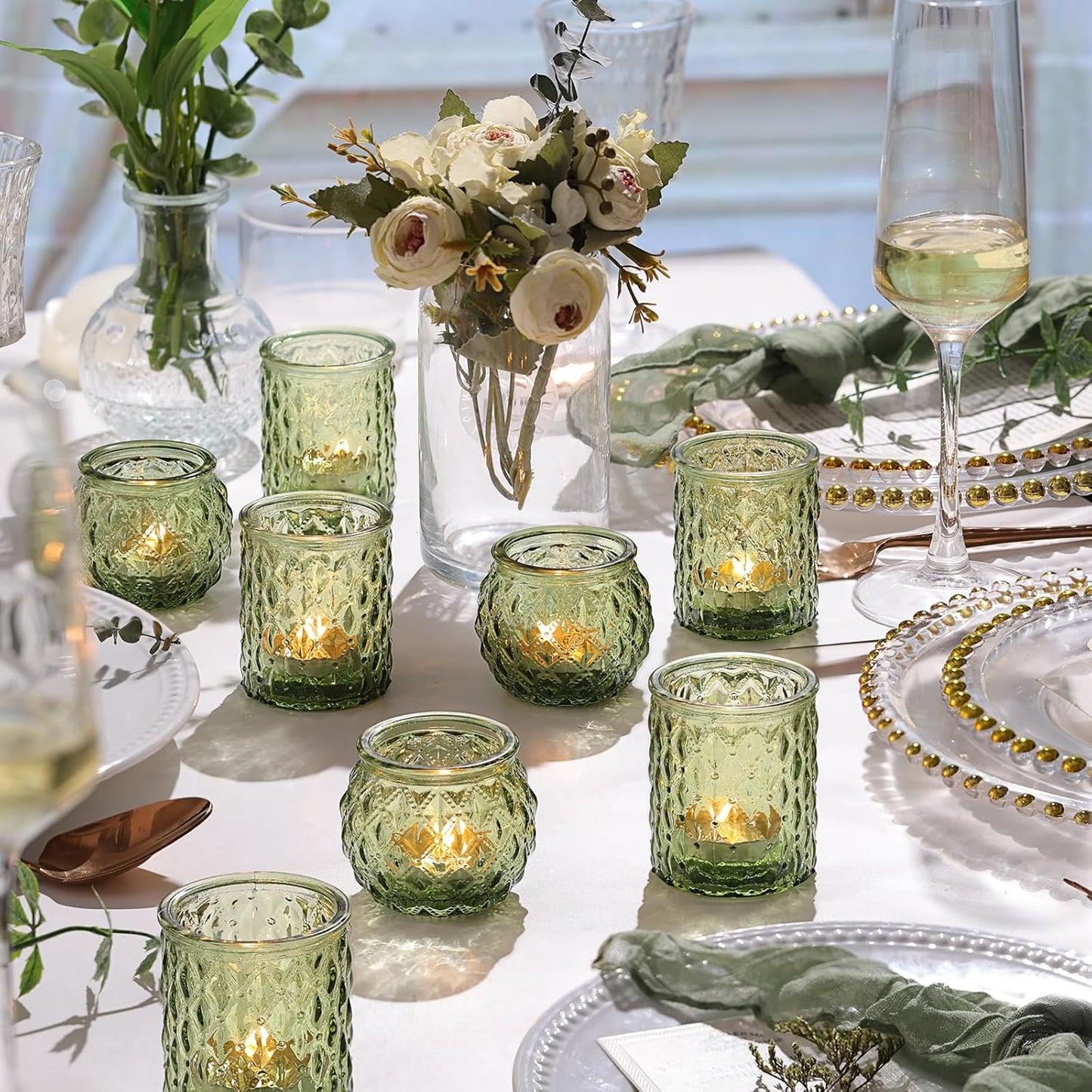 36pcs Assorted Green Votive Candle Holders, Tea Lights Candle Holder for Table Centerpiece, Green Candle Holders for Wedding, Bridal Shower and Tea Party Decorations