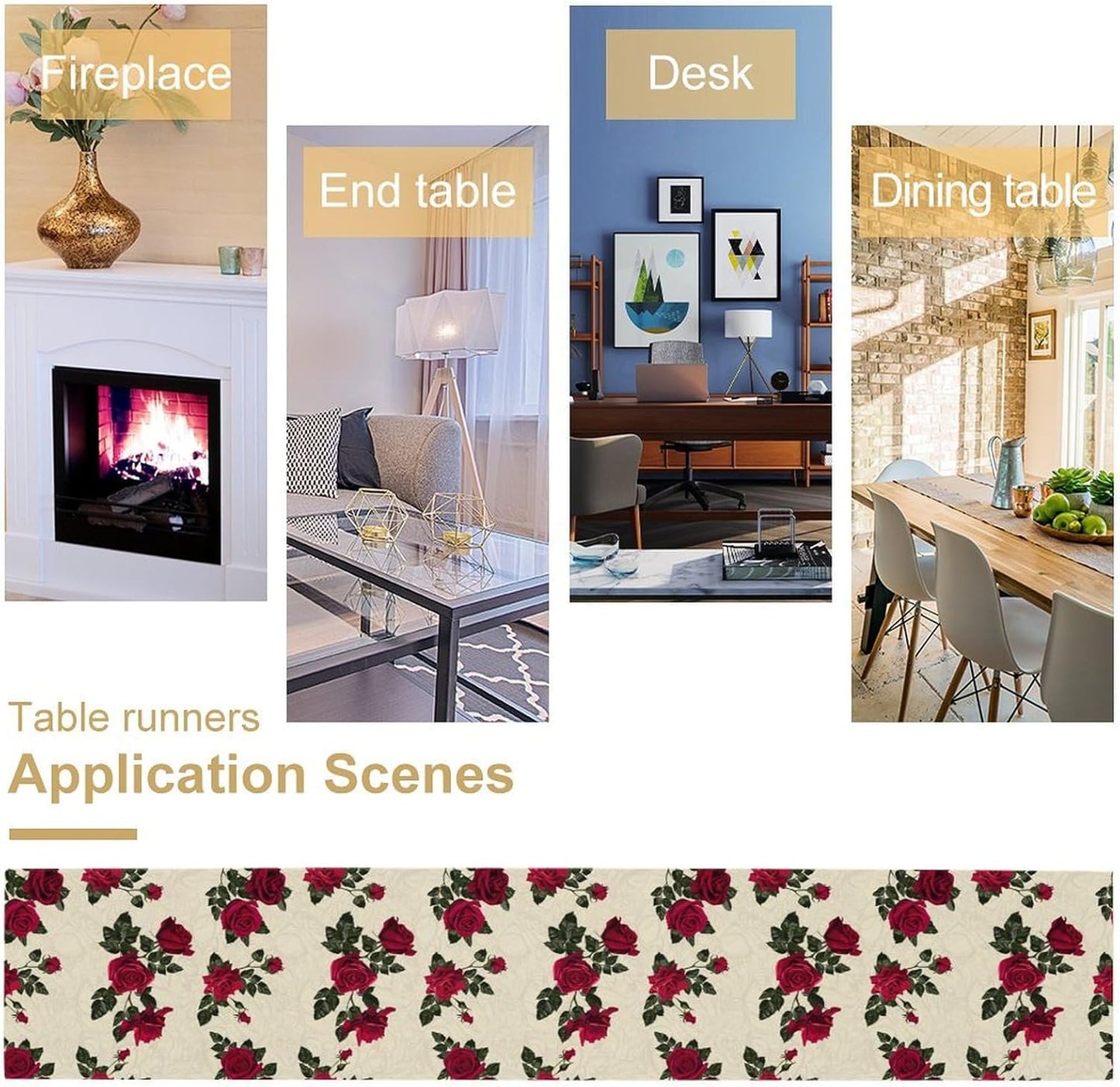 Vintage Rose Table Runner, Red Flowers Green Leaves Valentine's Day Table Runner for Kitchen Dinning Table Runner Decor Home Wedding Party Holiday, 13x36 Inch