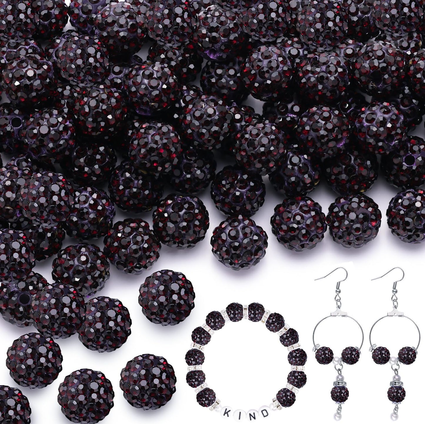150pcs 10mm Rhinestone Beads for Jewelry Making, Dark Purple Shiny Round Shamballa Disco Beads Bulk, Sparkle Crystal Clay Christmas for Bracelet Baseball Necklace Earring Crafting and DIY