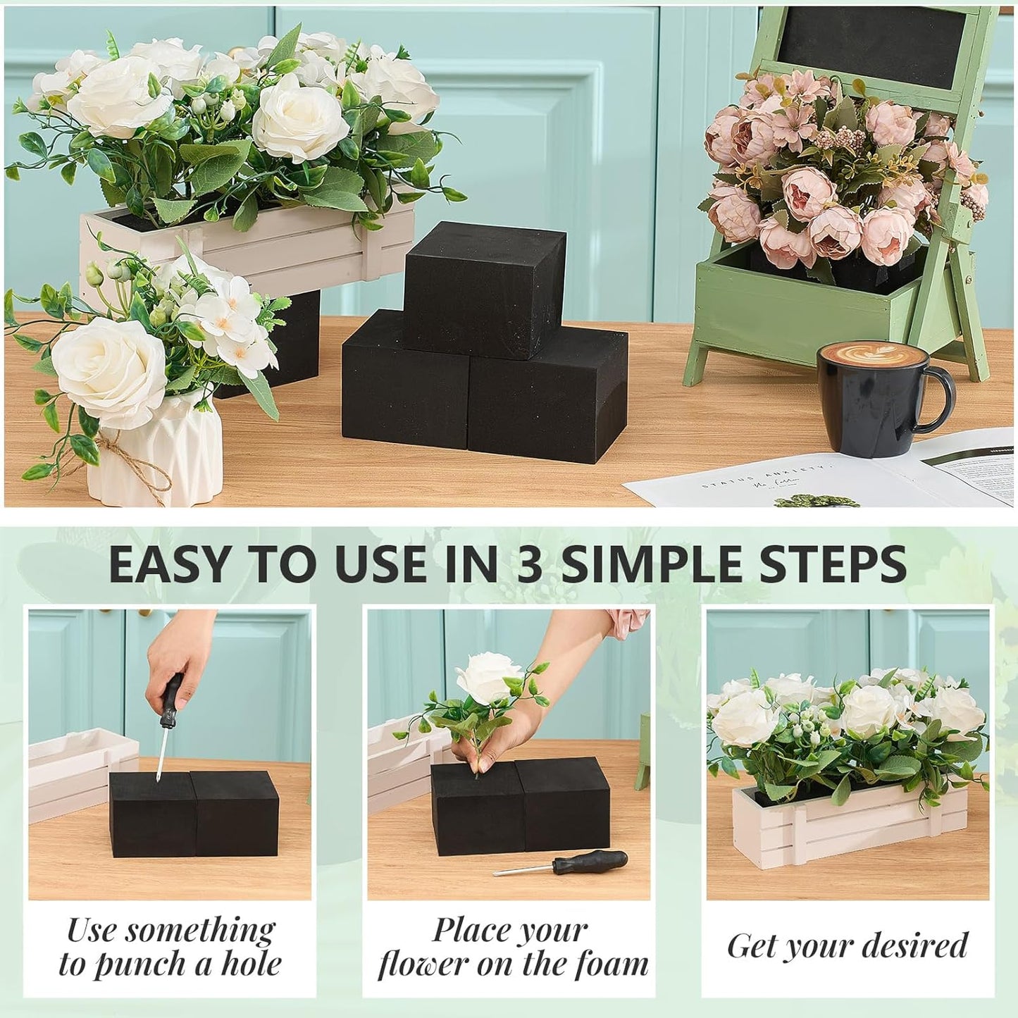 Lallisa 8 Pcs Reusable Floral Foam Blocks Water Weather Resistant Dry Floral Foam for Artificial Flower Arrangements Outdoor Flower Boxes Outside Hanging Planters Wedding Home Decor (4 x 4 x 3'')