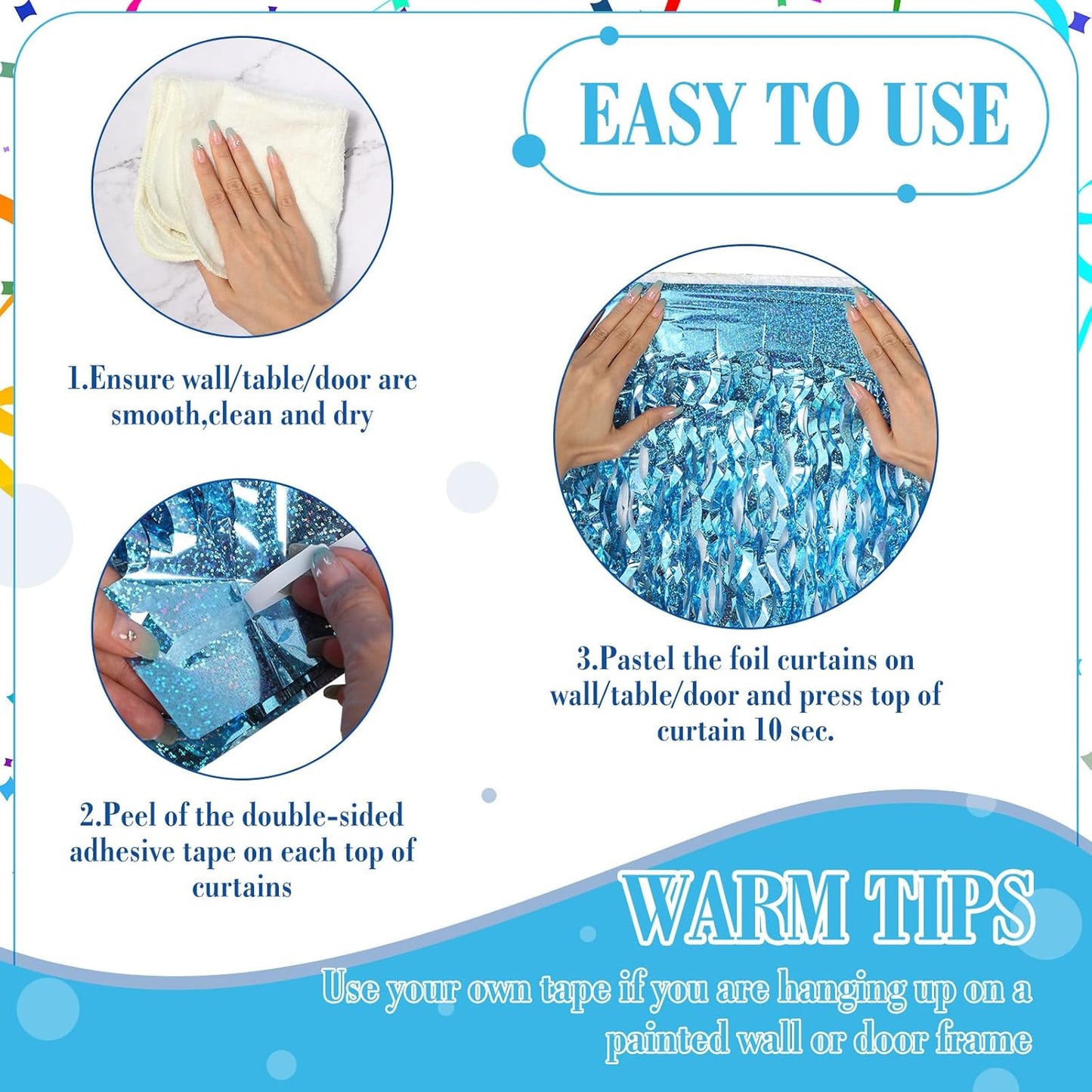 Jutom 6 Pieces 3.3 x 6.6 ft Wavy Tinsel Foil Fringe Curtains Foil Fringe Streamer Backdrop Party Curtain for Sea Mermaid Baby Shower Birthday Party Decoration(Light Blue)