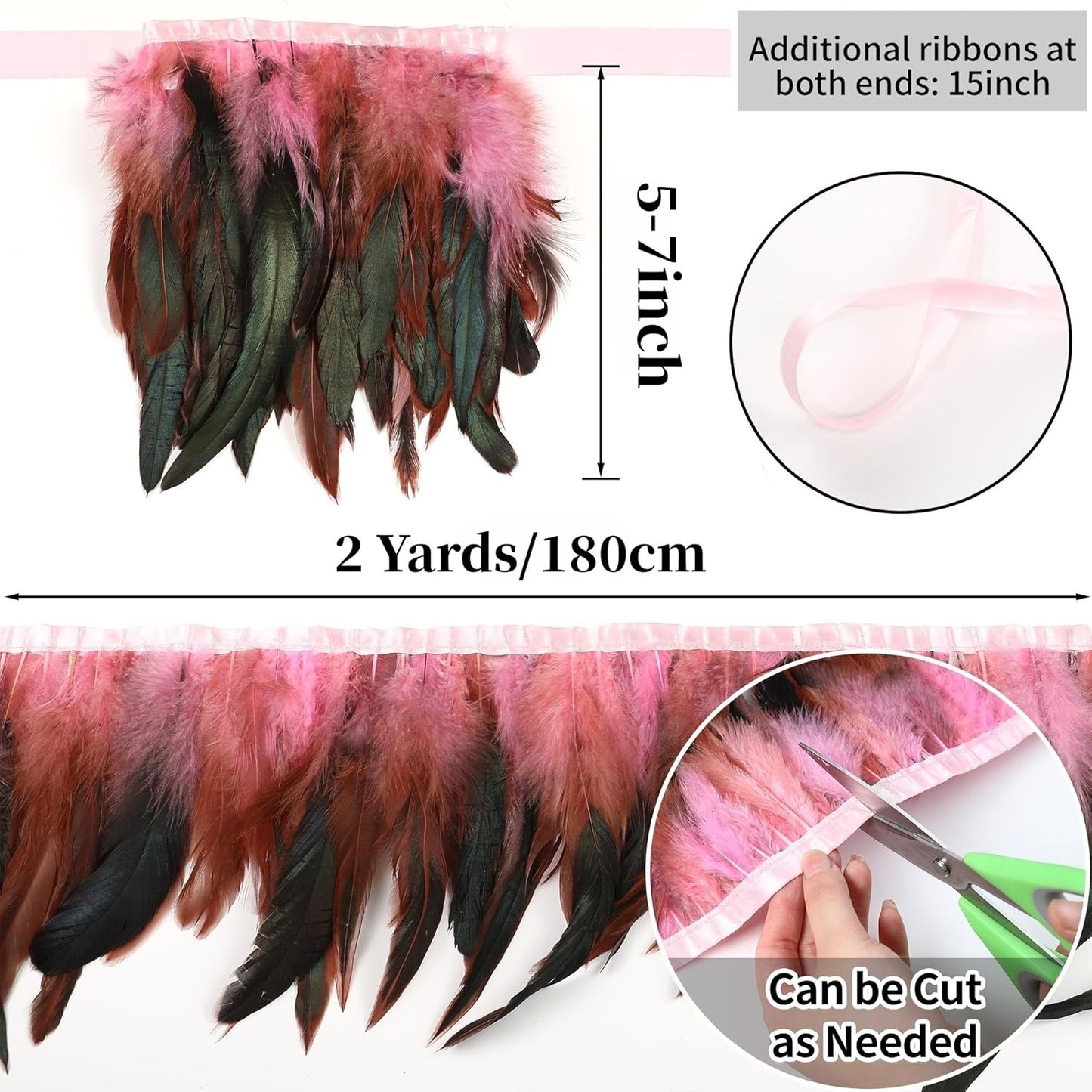 Holmgren Pink Rooster Feathers Trim - 2 Yards 5-7inch Rooster Feather Fringe Trim for Feather Shawl Cape, Skirt, Headband, Juju Hat and Party Costume Decoration (Pink)
