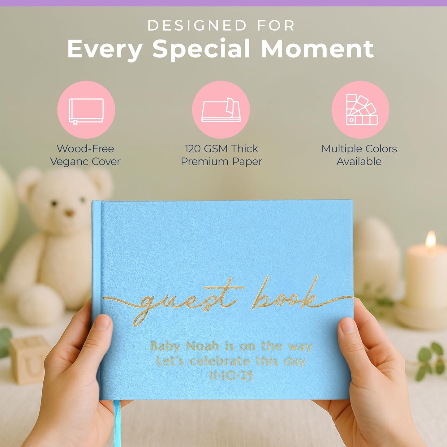 Promot Personalized Guestbook for Party (Baby Blue) - 110 Lined Pages in Wood-Free Vegan Leather Hard Cover - Wedding Guest Book Sign in and Photos, Baby Shower, Birthday or Graduation