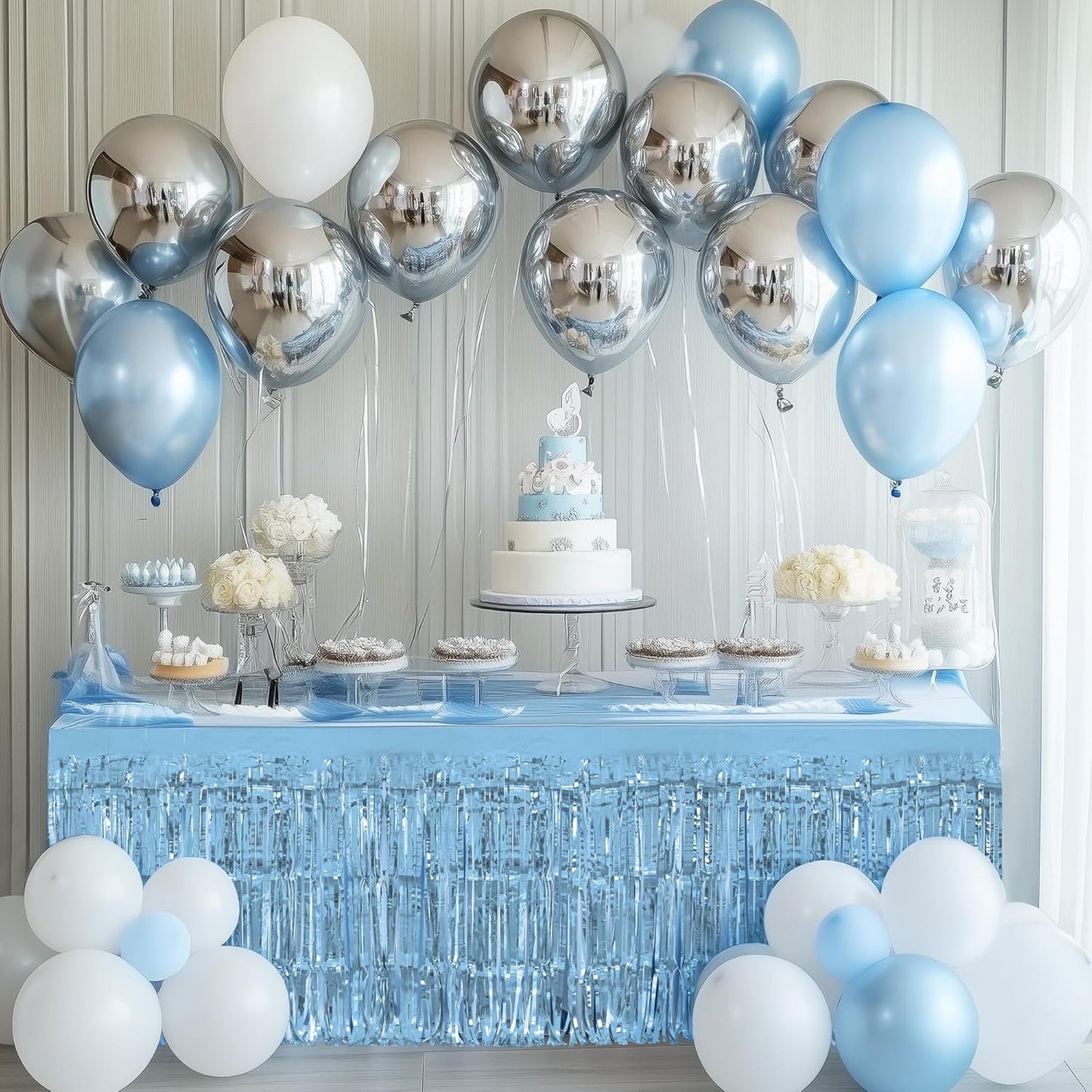 3 Pack Light Pink & Blue & Purple Table Skirts, 29x108" Metallic Foil Tinsel Fringe Table Skirt for Rectangle Tables Streamer Curtains Backdrop, Party Decorations for Birthdays, Weddings, Holidays