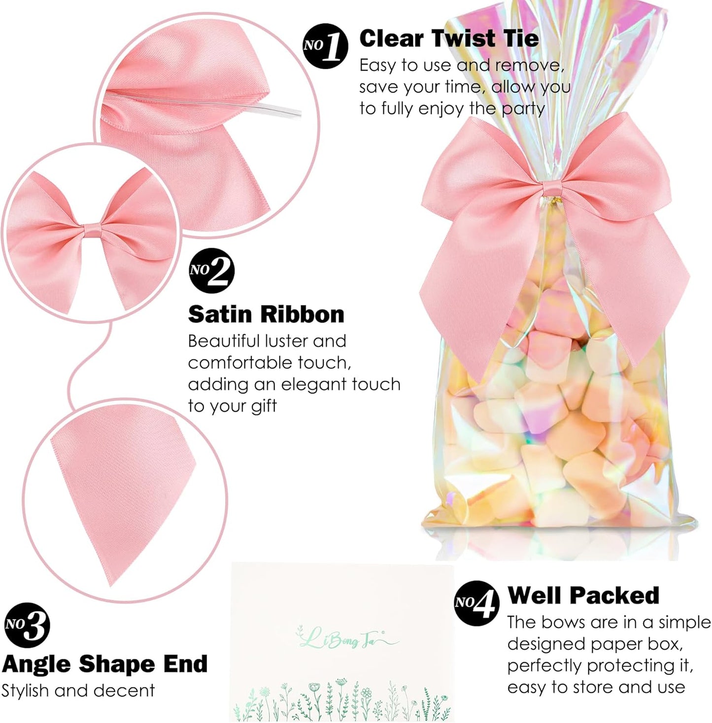 5'' Pink Bow Party Decorations Satin Bows, Twist Tie Bows for Treat Bags, Cake Pops, Pre-Tied Bow Premade Ribbon Bows for Crafts, Holiday Bows for Gift Wrapping, Wedding Decor-24 Counts