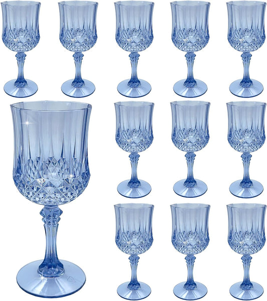 Plastic Wine Glasses，Plastic Goblets Vintage Style Cordial Drinking Glasses for Wedding Reception, Grand Event Party Supplies (12, Blue)