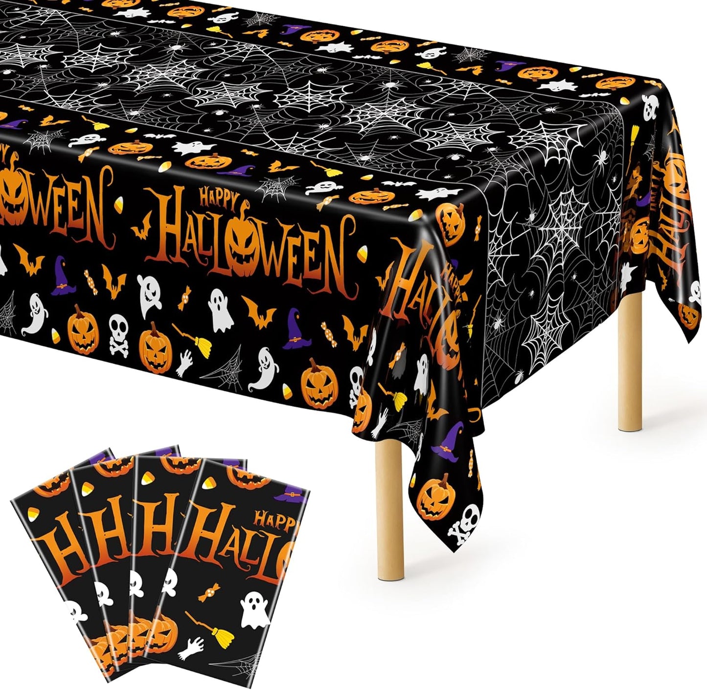 QZYL 4 Pack Halloween Tablecloth, 54" x 108" Halloween Decorations, Pumpkin Design Disposable Tablecover Plastic Table Cloth, Spider Webs Decorations Party Supplies Tableware Indoor