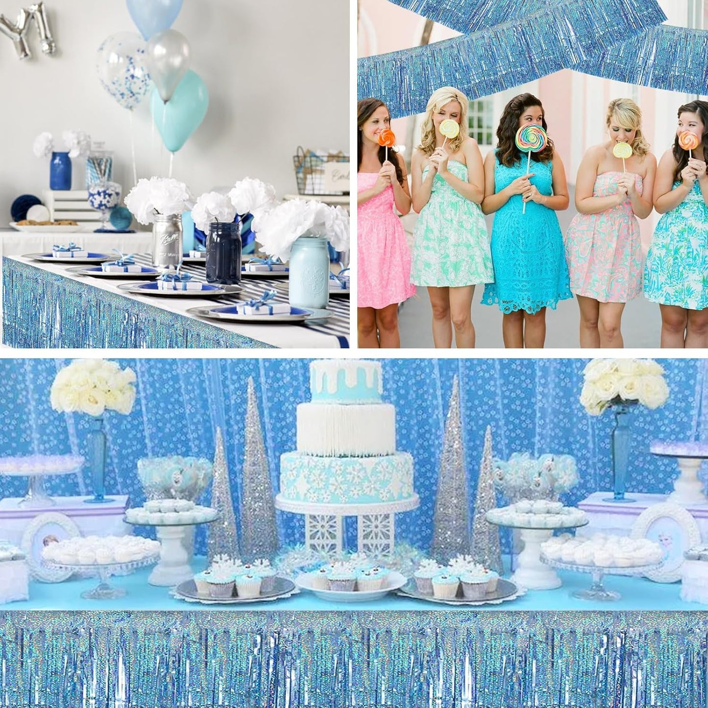 BEISHIDA 3 Packs Metallic Foil Fringe Garland Laser Light Blue Wall Hanging Tinsel Fringe Banners for Car Floats Bridal Shower Wedding Birthday Easter Graduation Holiday Party Decoration(30 Feet)