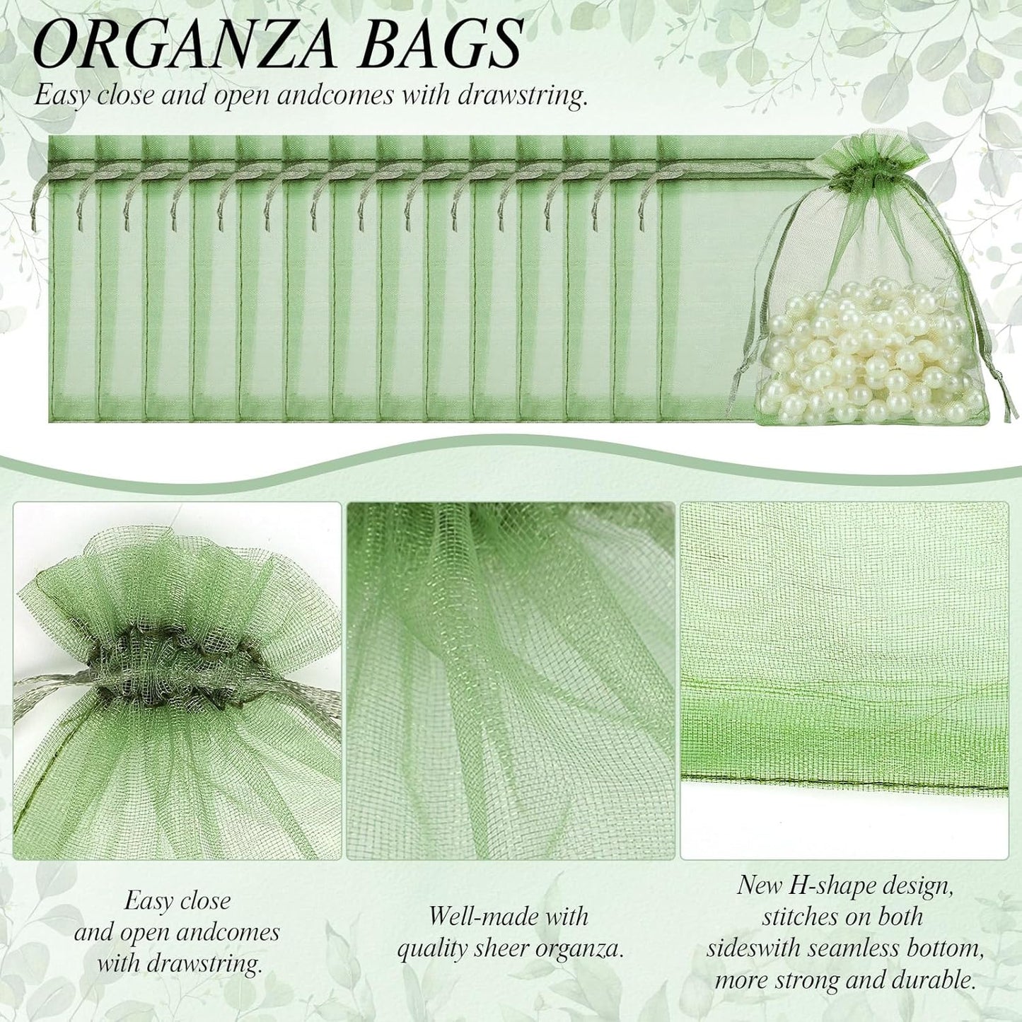 120PCS Sage Green Small Drawstring Bags 3.5x4.7 Inch Organza Bags Mini Mesh Gift Jewelry Pouches Candy Bag for Wedding Bridal Shower Baby Shower Birthday Party Favor