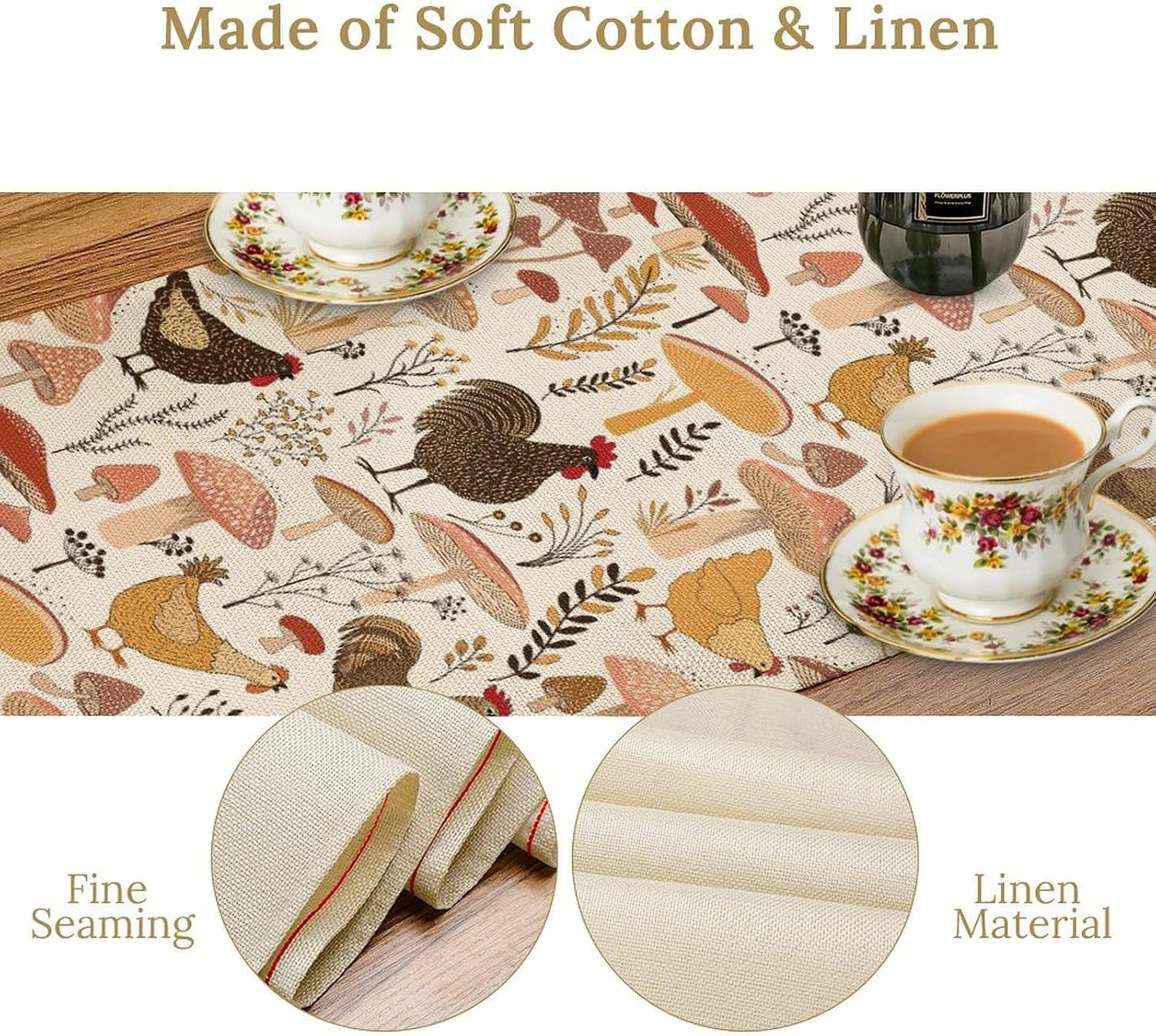 Mushroom Table Runner,Retro Natural Plant Famhouse Table Runner for Kitchen Dining Table Home Party Decoration 13x108 Inch