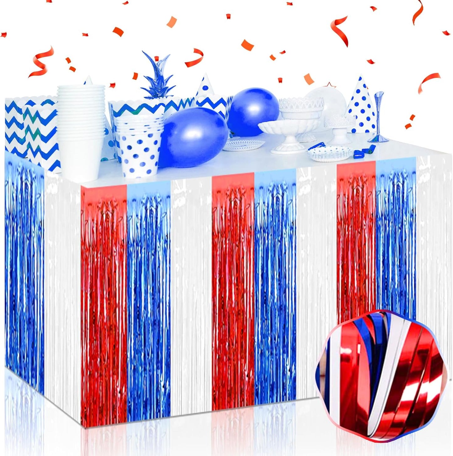 3 Pack 29 x108 Inch White Blue Red Foil Fringe Table Skirts Metallic Banner for Tinsel Streamer Garland Backdrop for Parade Floats Wedding Thanksgiving Birthday Christmas New Year Party Decoration
