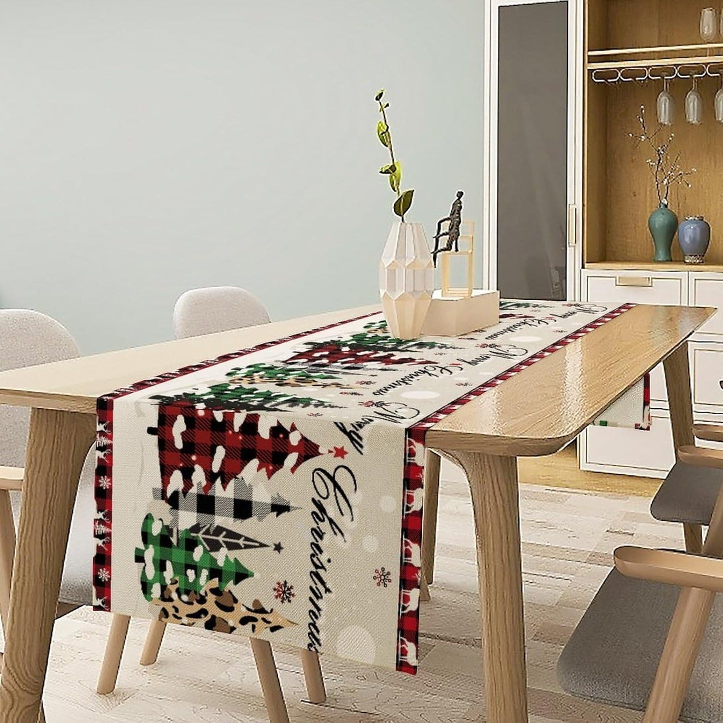 Christmas Tree Table Runner,Farmhouse Xmas Trees Buffalo Plaid Winter Snowflake Tablecloth Burlap for Hotel Indoors Outdoor Dining Room Kitchen Home Decor,W13X L80 in