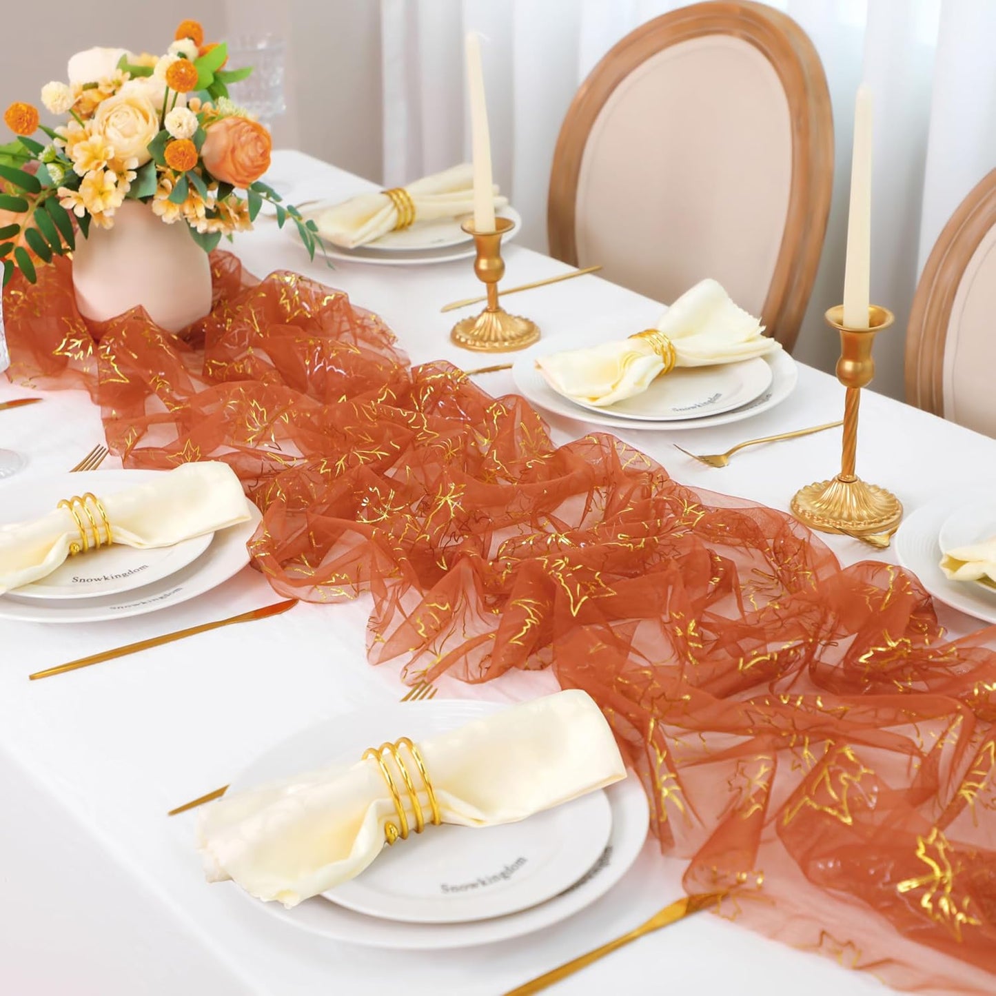 Snowkingdom Terracotta Gold Table Runner 10Ft, Gold Maple Leaves Burnt Orange Gauze Chiffon Runners 120 Inch, Fall Glitter Dining Table Centerpieces Decorations for Thanksgiving Autumn Harvest Party