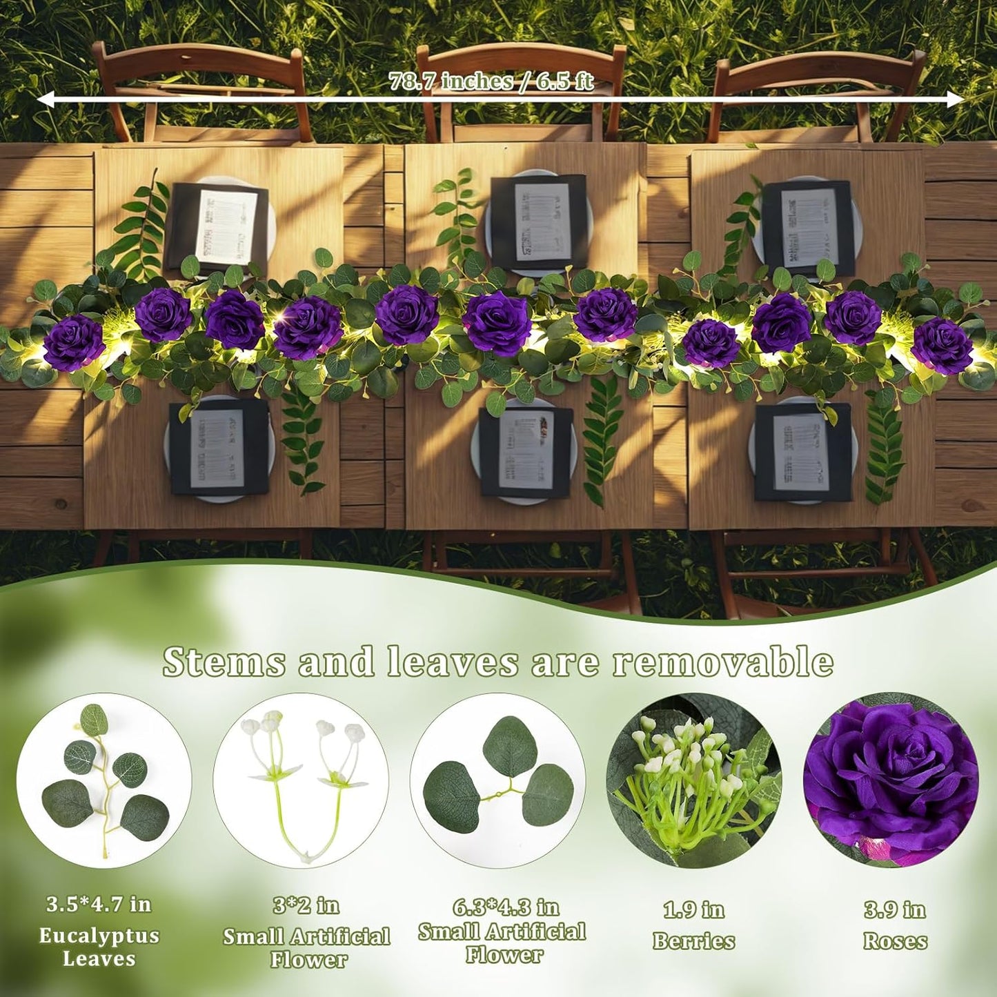 MACTING 6.6FT Flower Garland with Lights - Spring Gypsophila Eucalyptus Garland with 12 Purple Roses Artificial Floral Greenery Vine for Arch Table Centerpieces Backdrop Party Home Wedding Decor