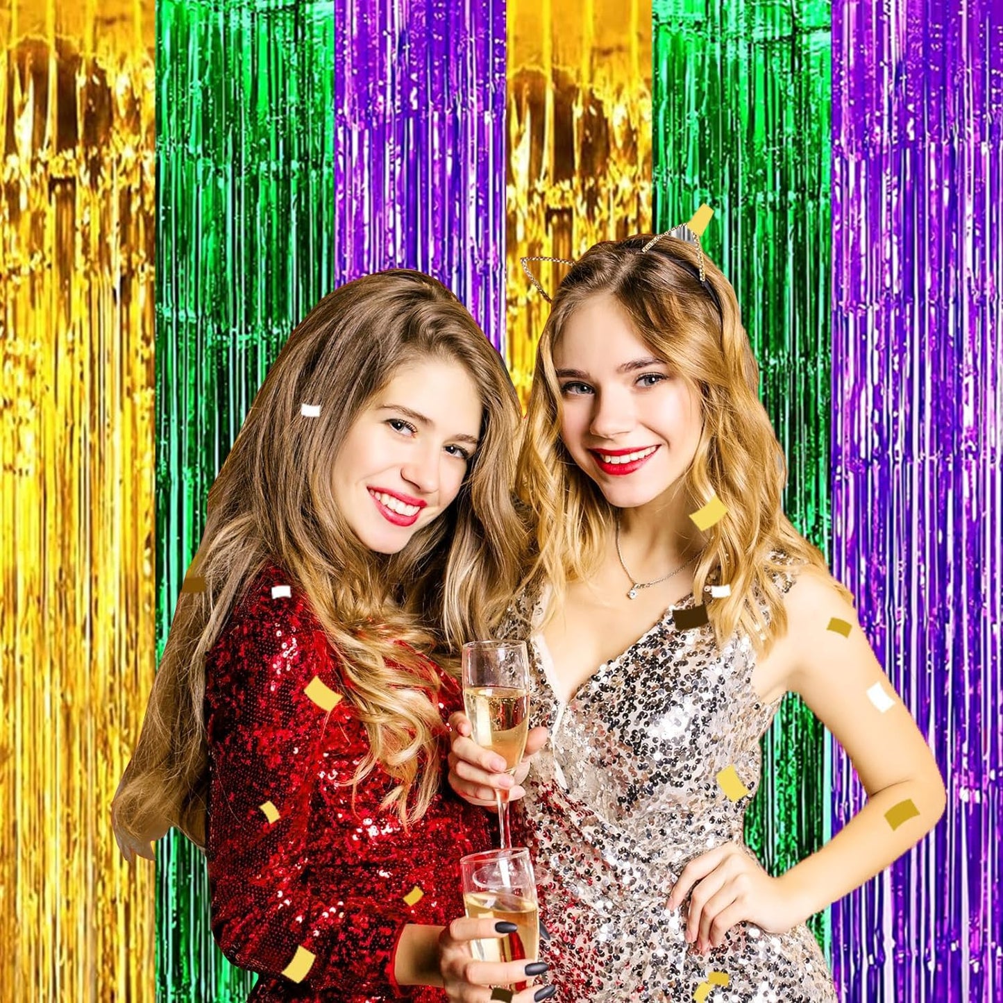 4P Metallic Foil Fringe Tinsel Table Skirts for Rectangle Tables Backdrop Banner Streamer Garland Curtains Parade Floats Wedding Graduation Anniversary Birthday Parties Decoration (Gold Green Purple)