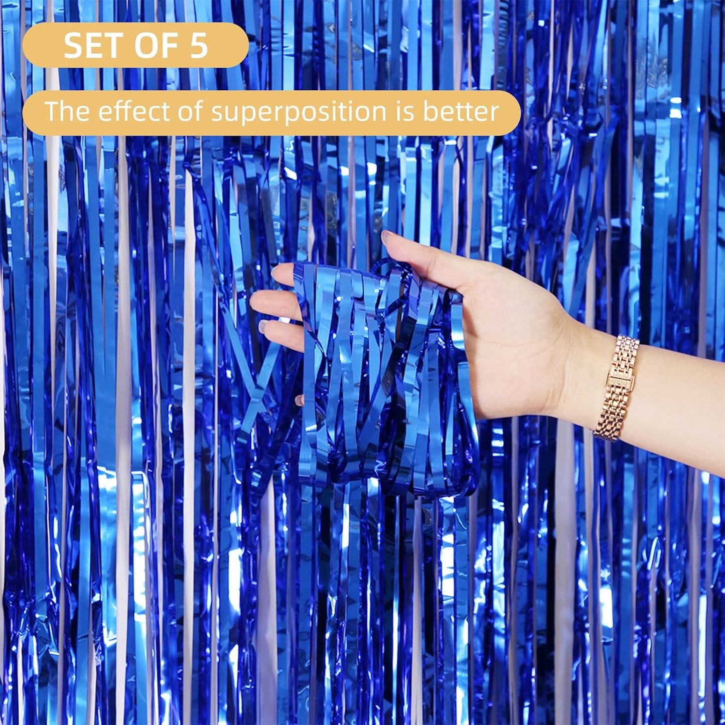 5 Pack Blue Fringe Foil Curtains 3.2ft x 8.2ft Tinsel Backdrop Streamers for Birthday Party Decoration Wedding Christmas Decoration (Navy)